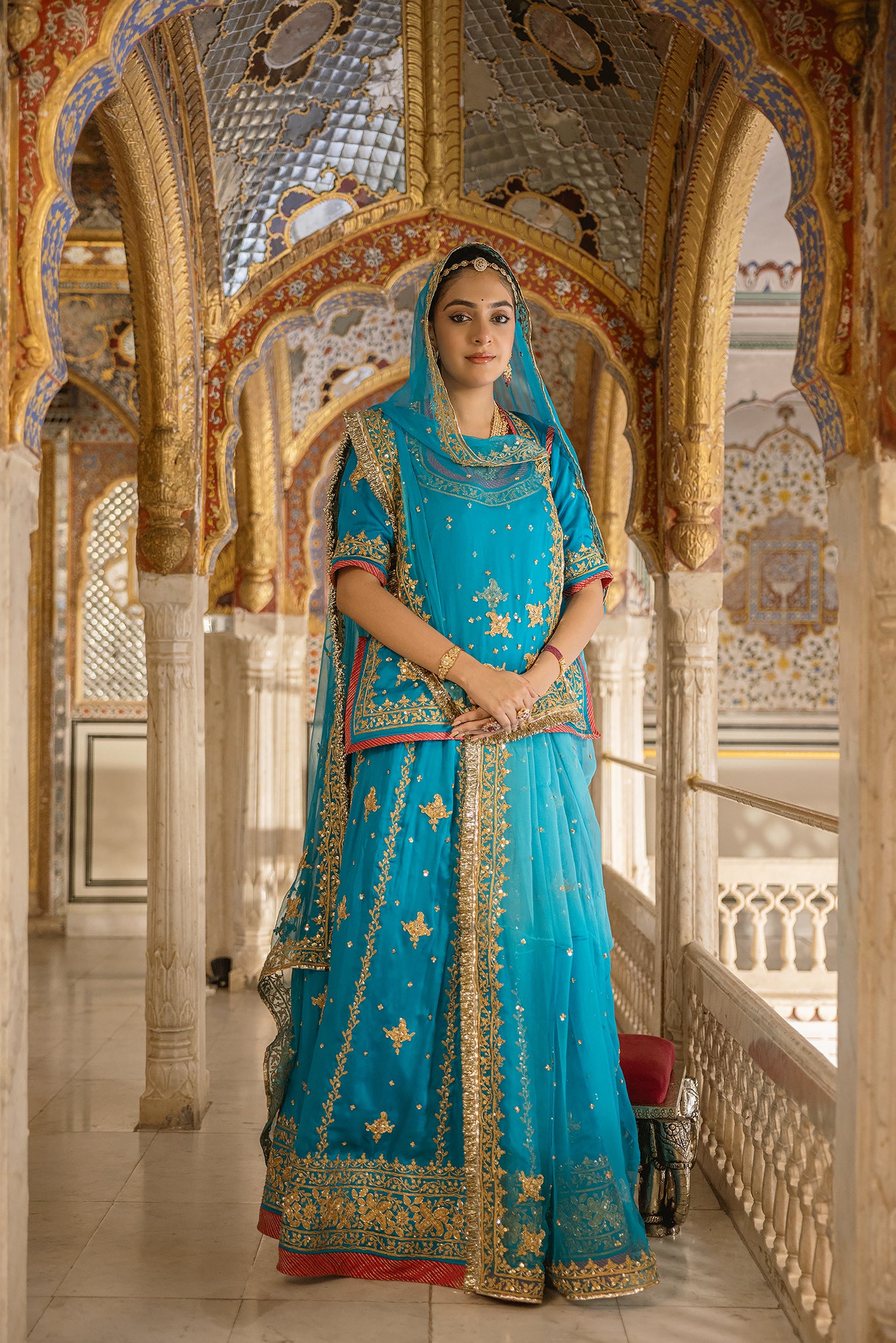 Firozi Bamber Satin Dori Salma Tari Handwork Poshak (Unstitched)