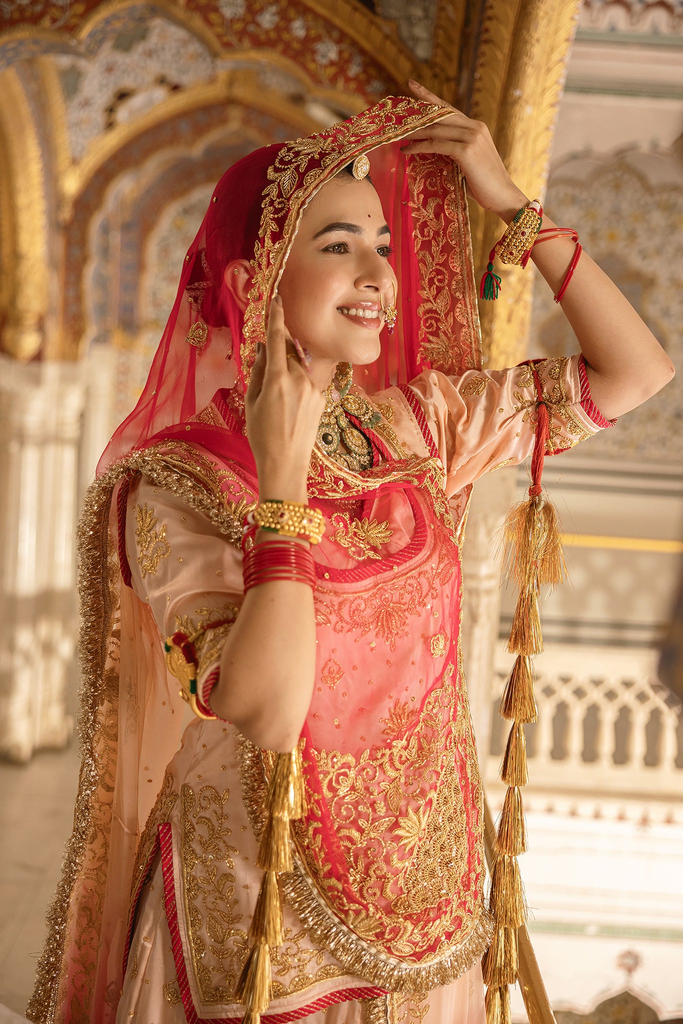 Peach Pink Shaded Pure Satin Salma Tari Dabka Handwork Poshak With Pure Odhana (Unstitched)