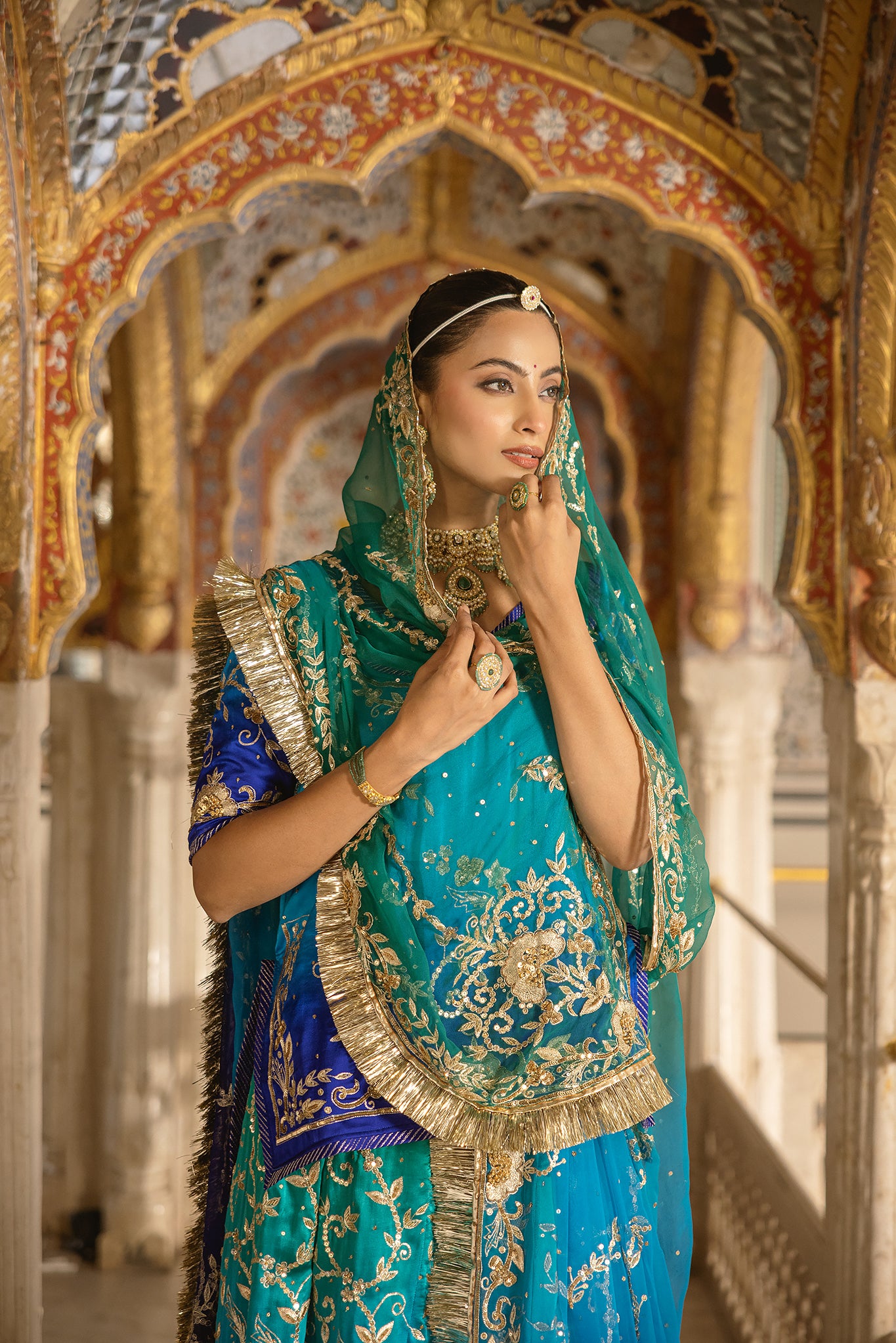 Peacock Shaded Pure Satin Aari Tari Zardozi Handwork Poshak With Pure Odhana (Unstitched)