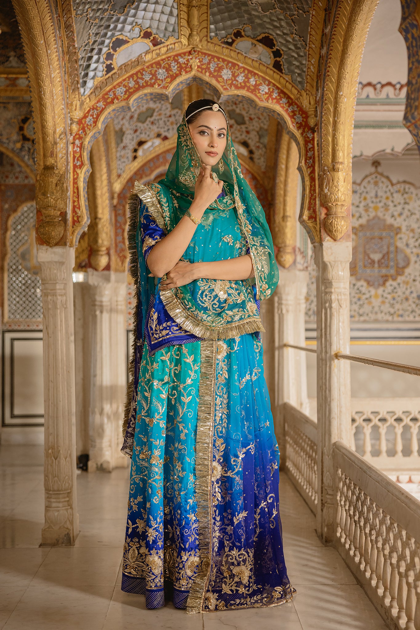 Peacock Shaded Pure Satin Aari Tari Zardozi Handwork Poshak With Pure Odhana (Unstitched)