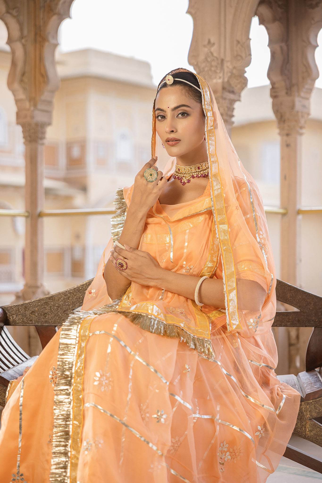 Peach Bamber Satin Laffa Patti work Handwork Poshak