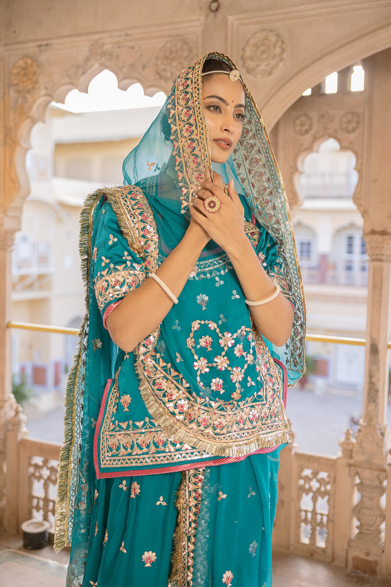 Rama Green Bamber Satin Gotta Patti Mudi work Handwork Poshak (Unstitched)