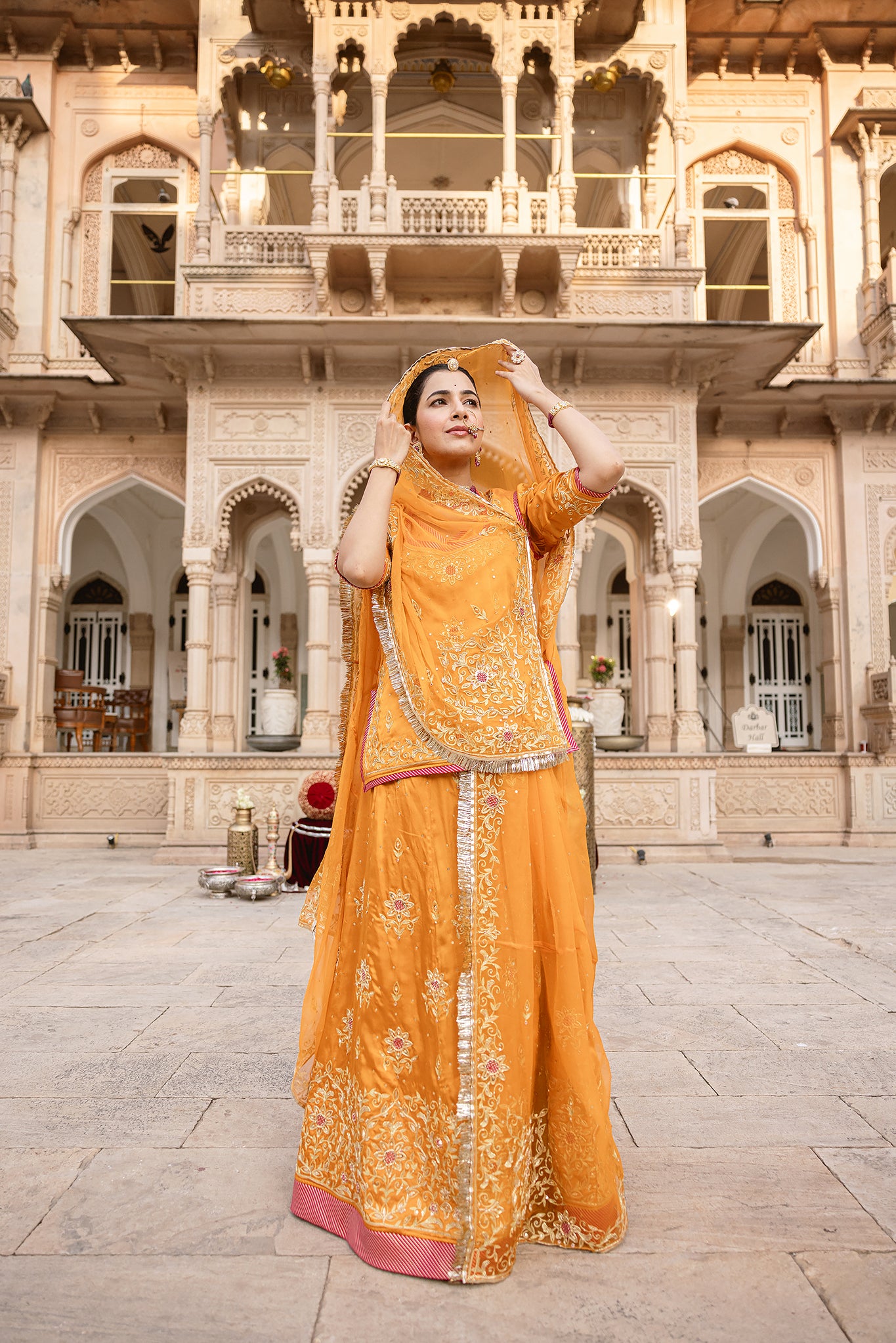 Mustard Yellow Bamber Satin Aari Salma Tari Handwork Poshak (Unstitched)