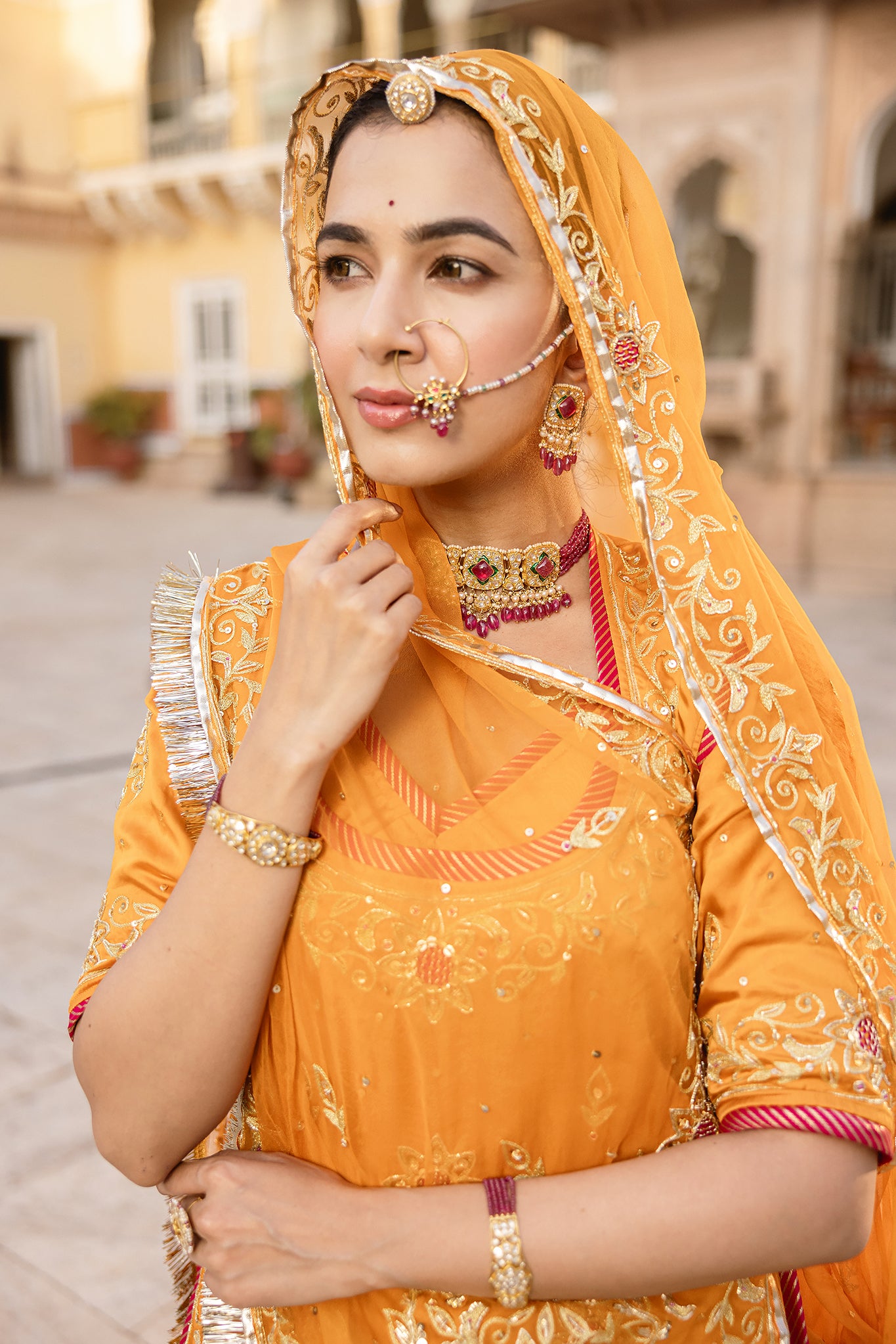 Mustard Yellow Bamber Satin Aari Salma Tari Handwork Poshak (Unstitched)