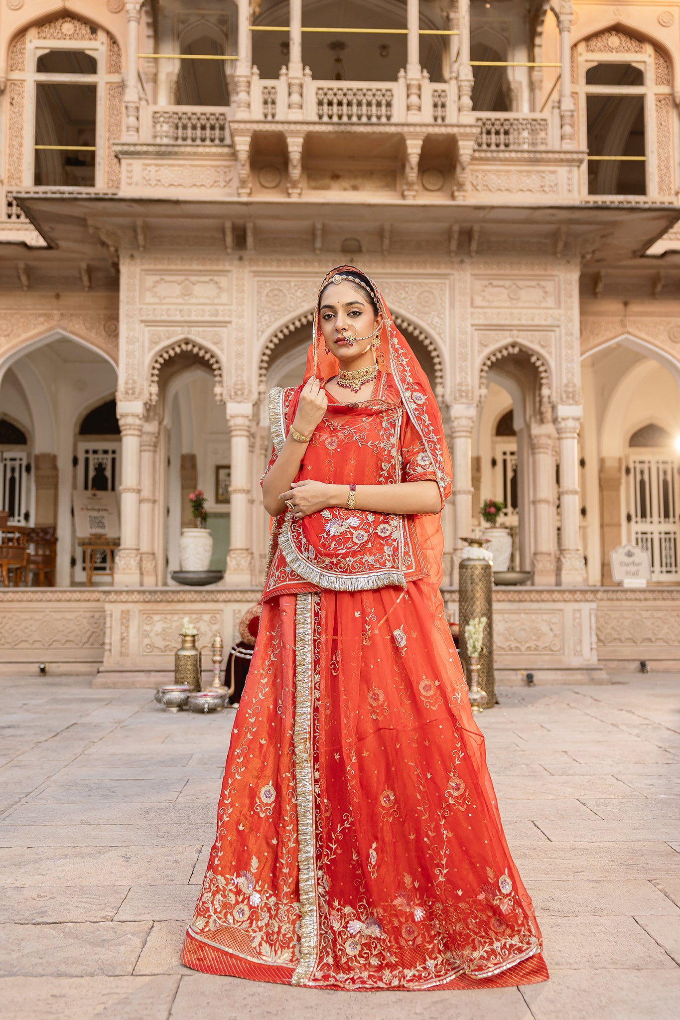 Red Rust Tissue Aari Salma Tari Handwork Poshak