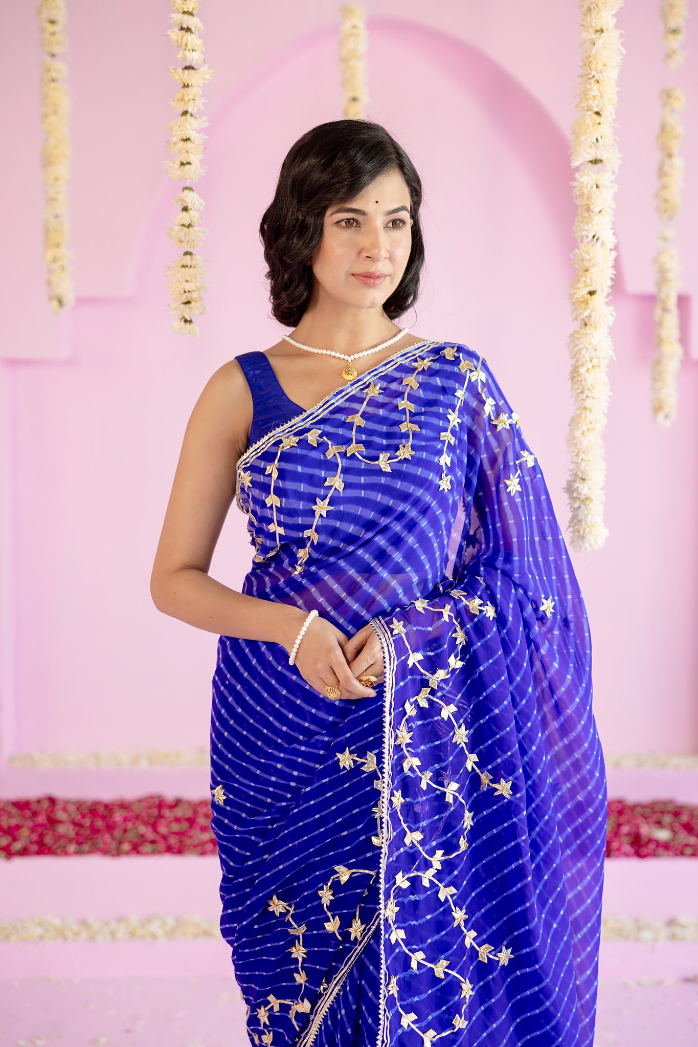 Pure Georgette 40 Gsm Blue Leheriya Mothda Sikhiya Gota Patti Work Saree