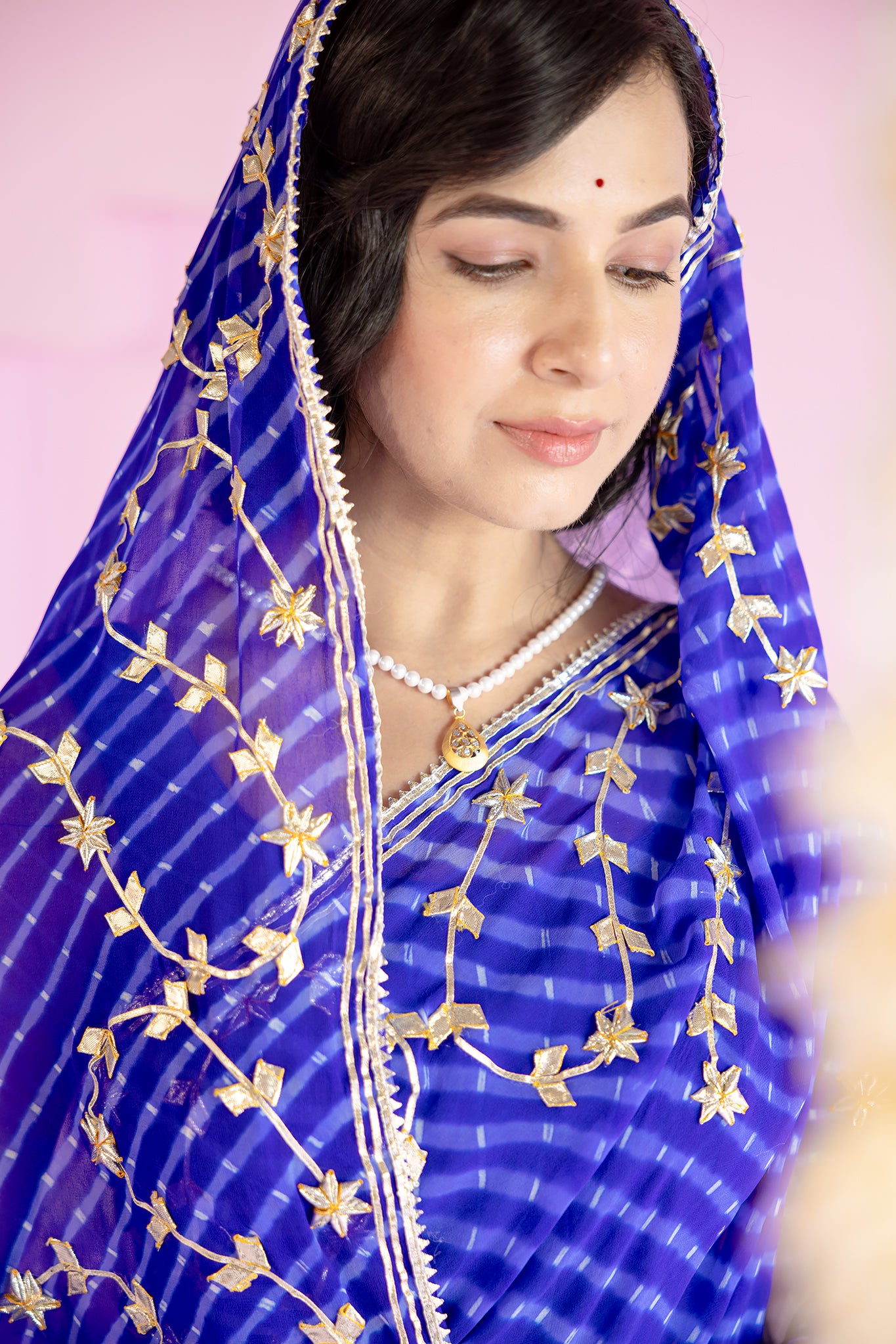 Pure Georgette 40 Gsm Blue Leheriya Mothda Sikhiya Gota Patti Work Saree