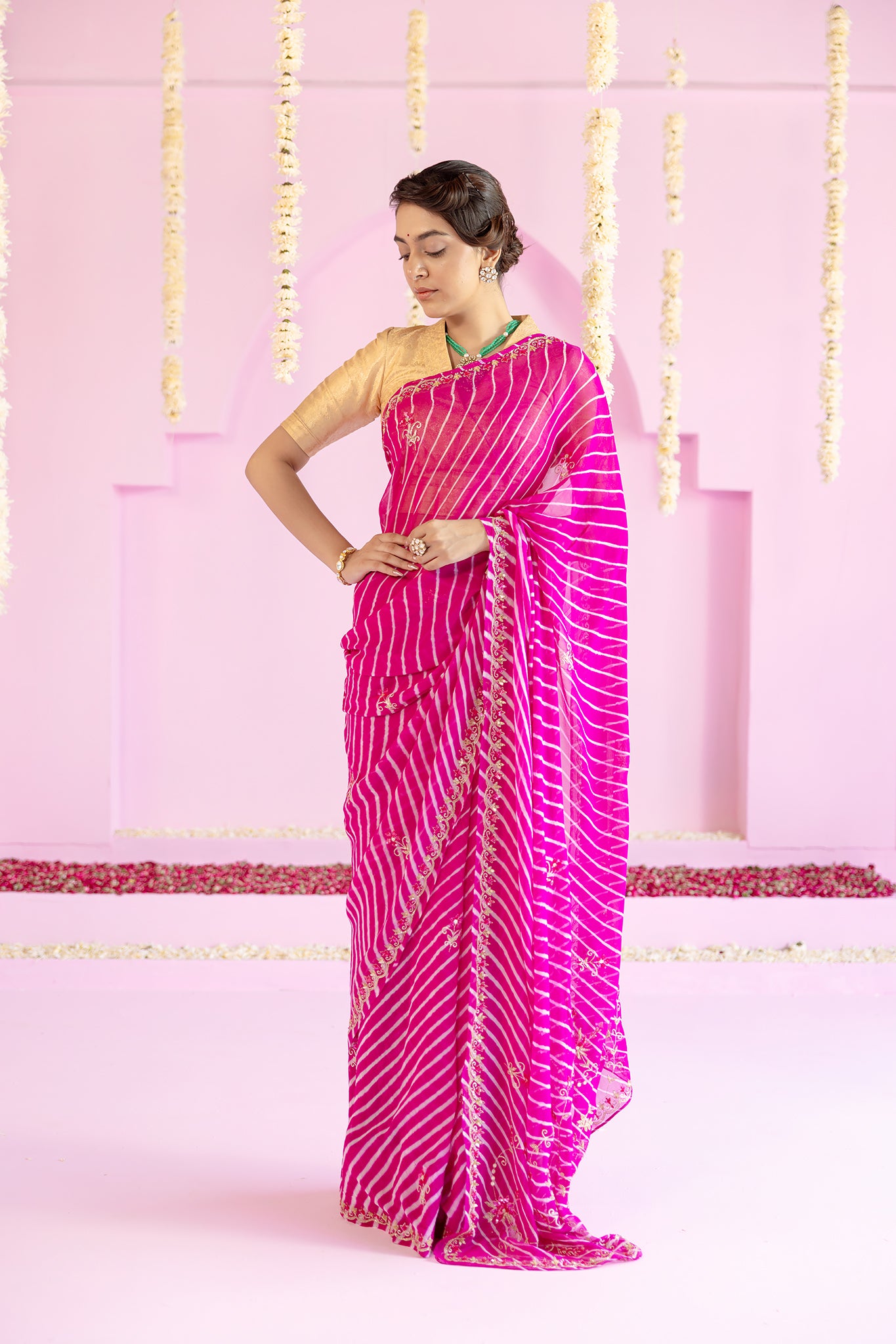 Pure Georgette 40 Gsm Leheriya Rani Aari sequins Kardana Work Saree