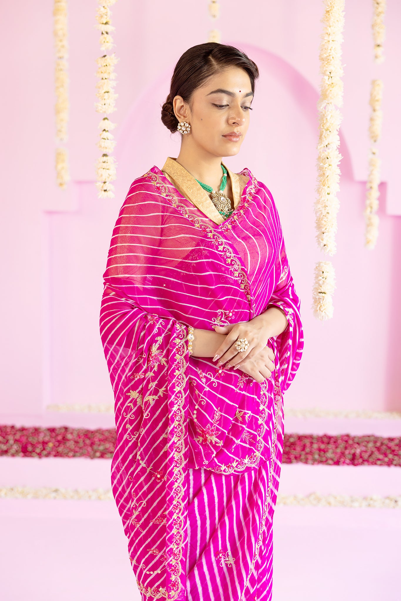 Pure Georgette 20 Gsm Rani Peach Leheriya Aari Sequins Border Butti Saree