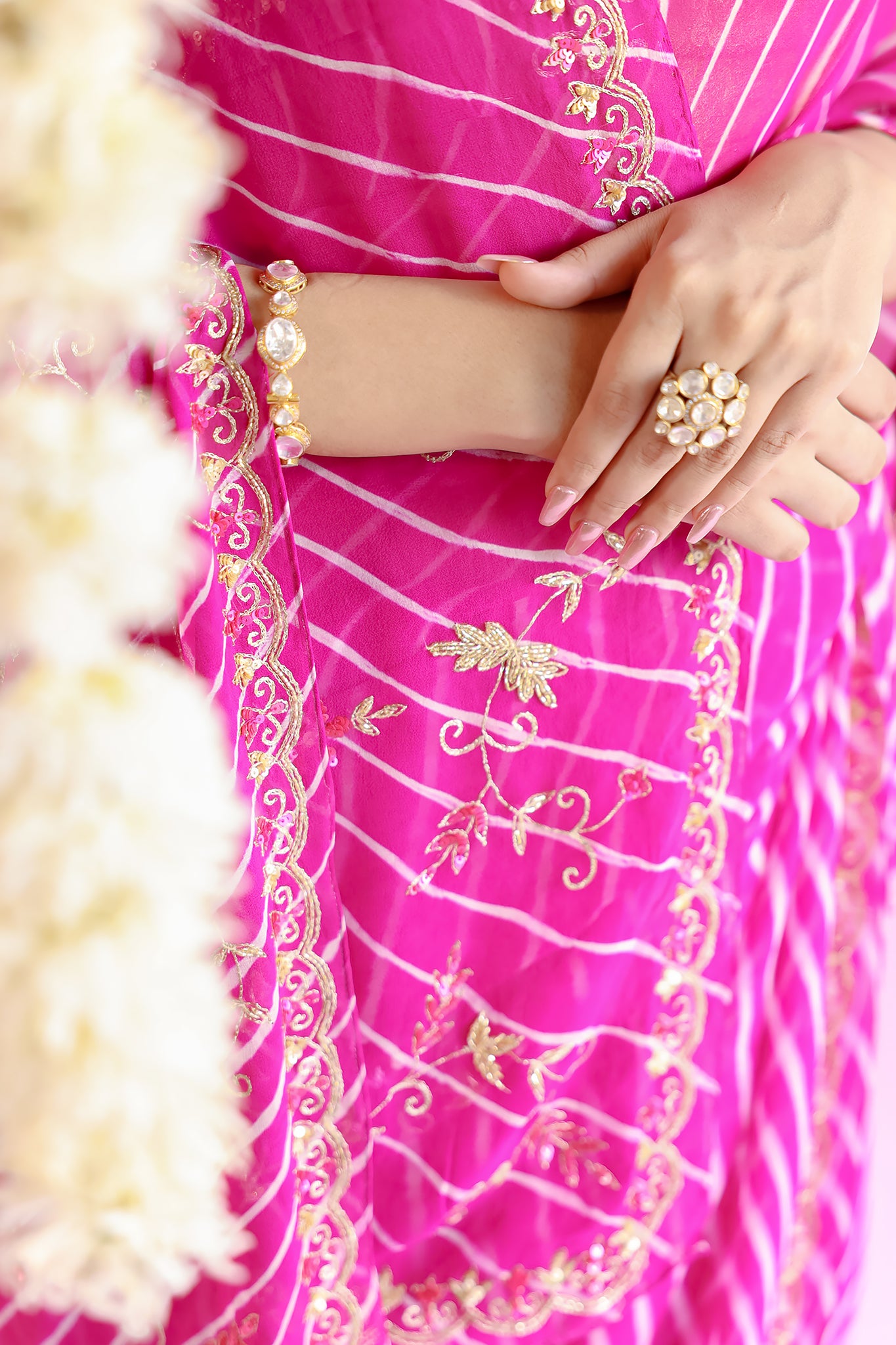 Pure Georgette 40 Gsm Leheriya Rani Aari sequins Kardana Work Saree