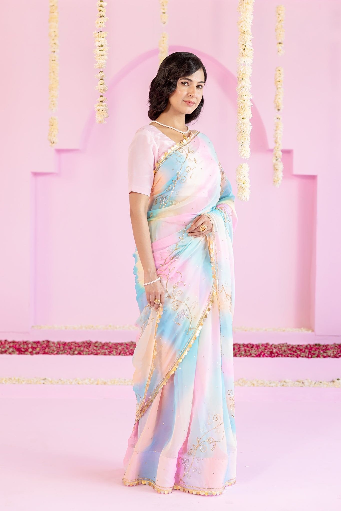 Pure Chiffon Samundar Leheriya Aari Sequins Chaadi Work Saree