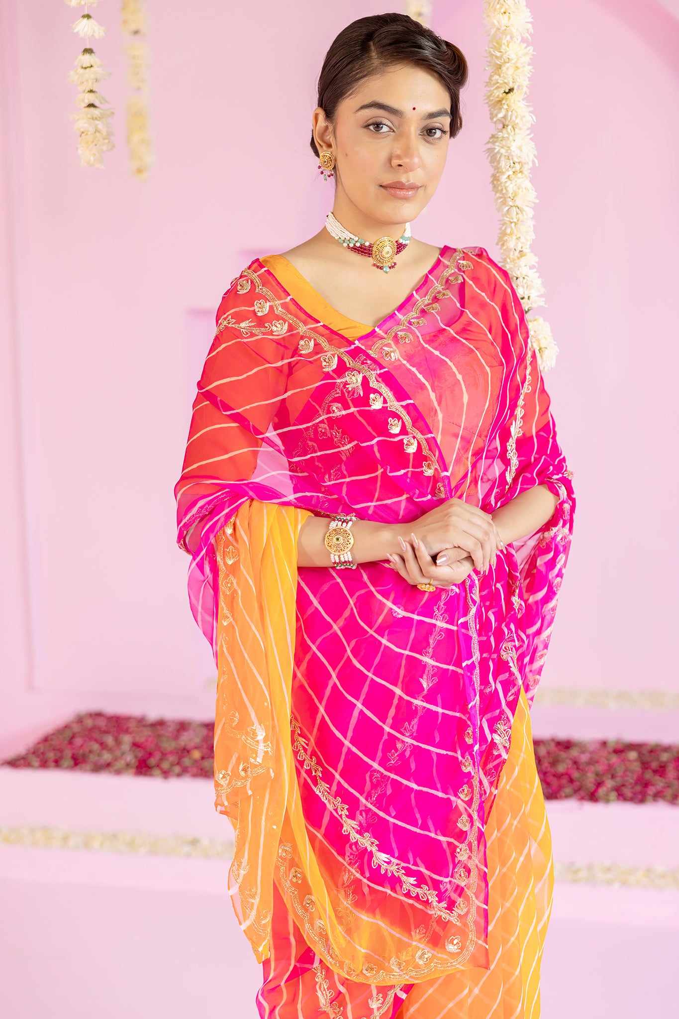 Pure Georgette 20 Gsm Multi Colour Leheriya Aari Sequins Kardana Border Chaadi Work Saree