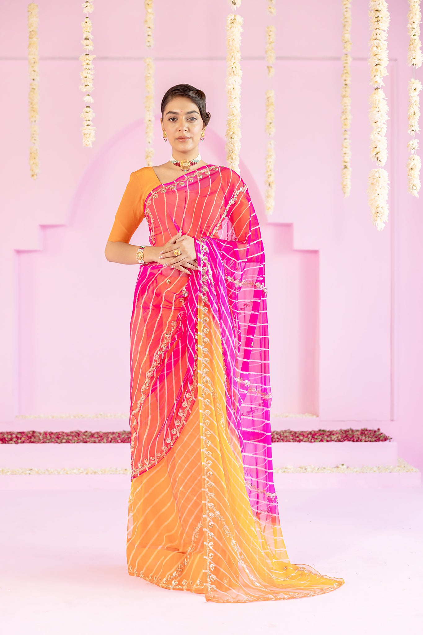 Pure Georgette 20 Gsm Multi Colour Leheriya Aari Sequins Kardana Border Chaadi Work Saree