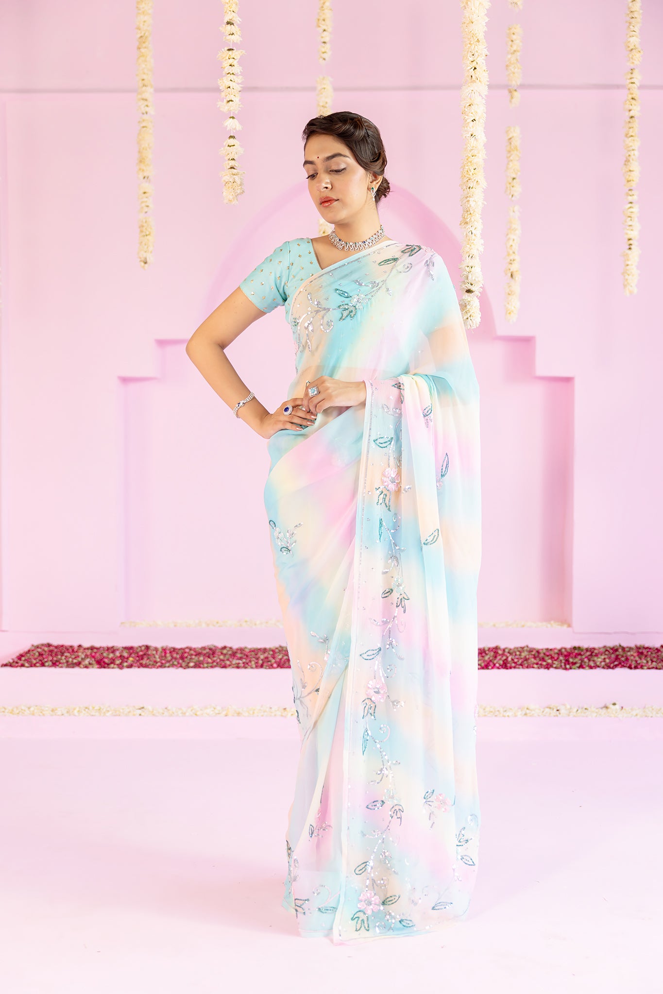 Pure Chiffon Samundar Leheriya Colour Sequins Work Saree