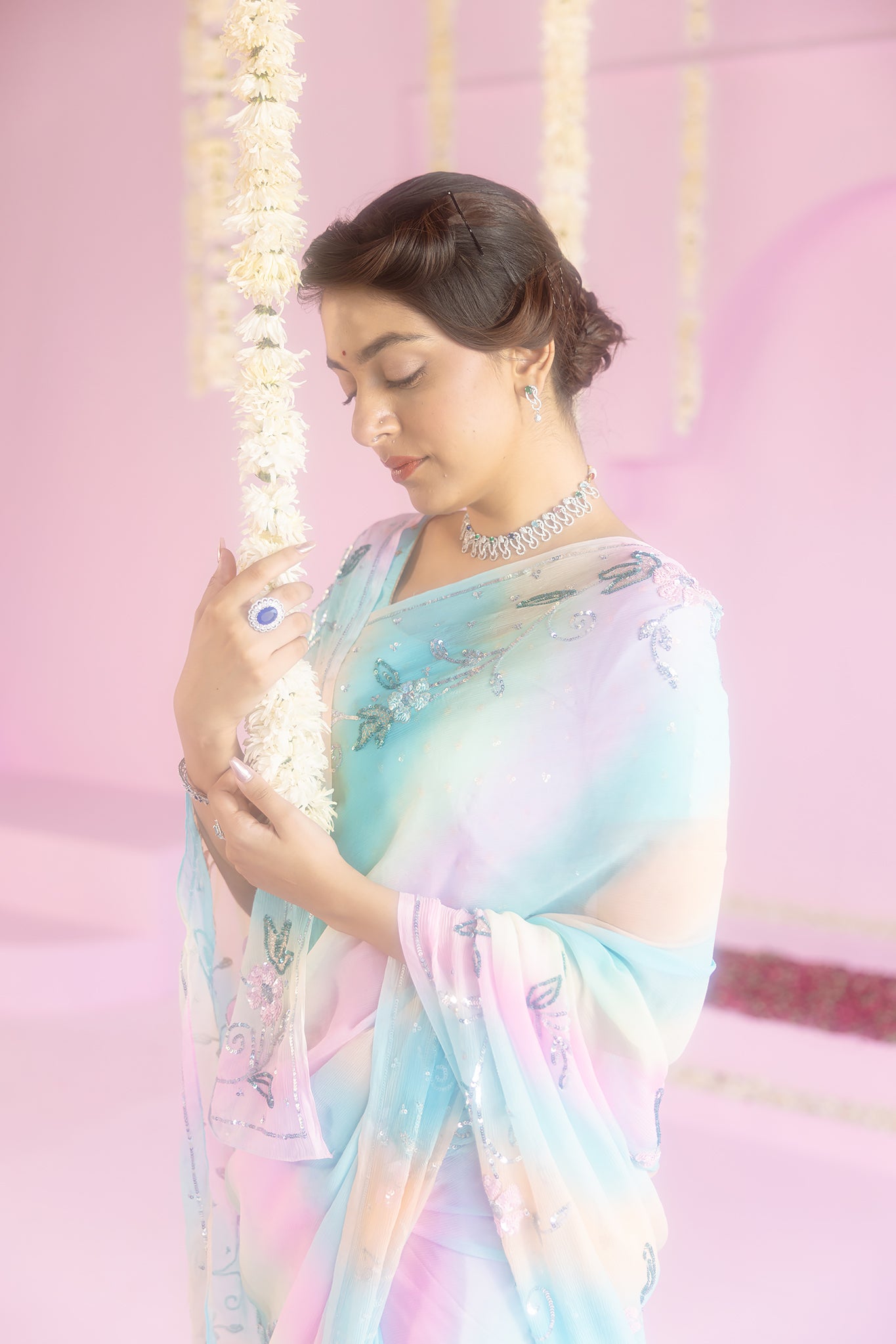 Pure Chiffon Samundar Leheriya Colour Sequins Work Saree