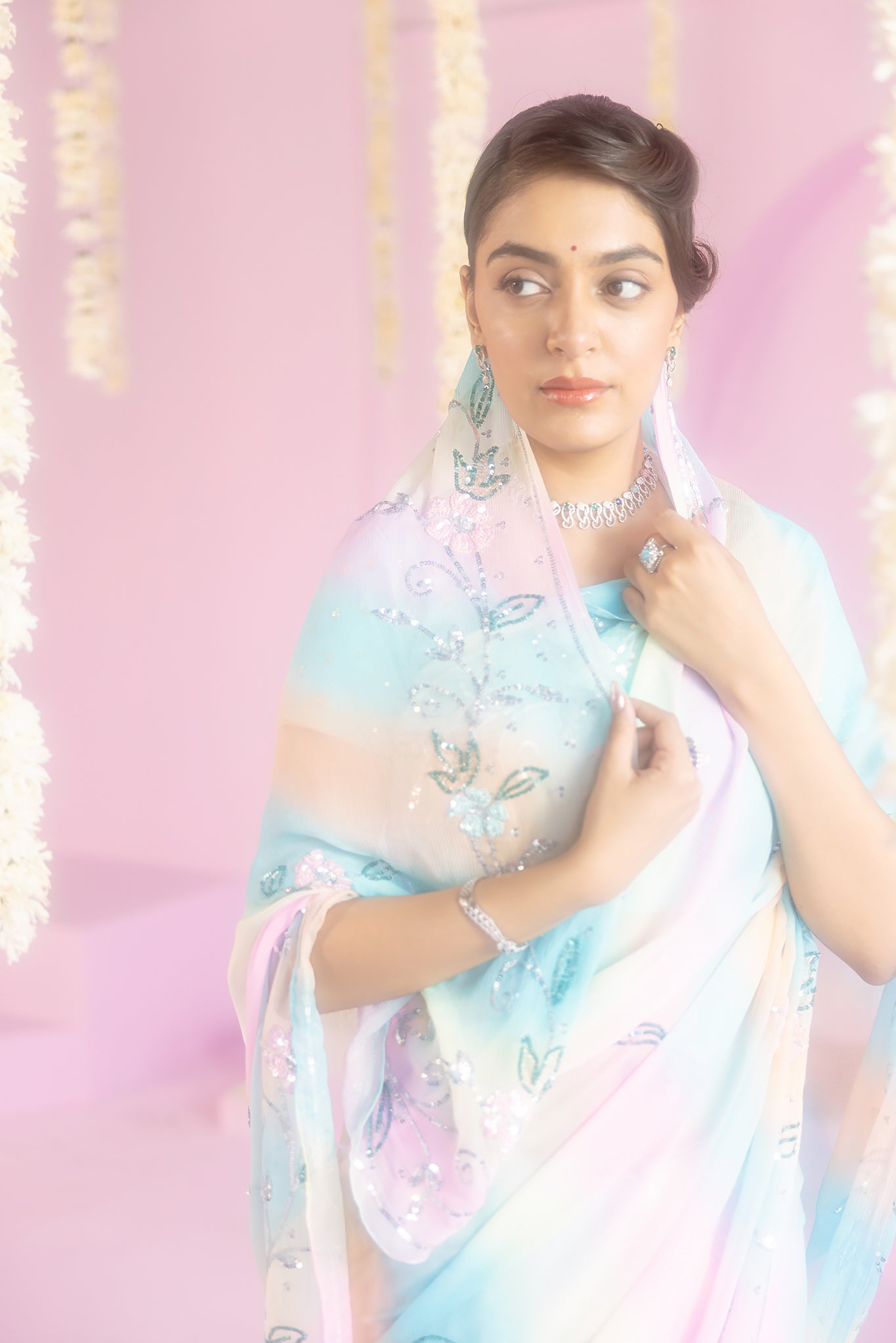 Pure Chiffon Samundar Leheriya Colour Sequins Work Saree