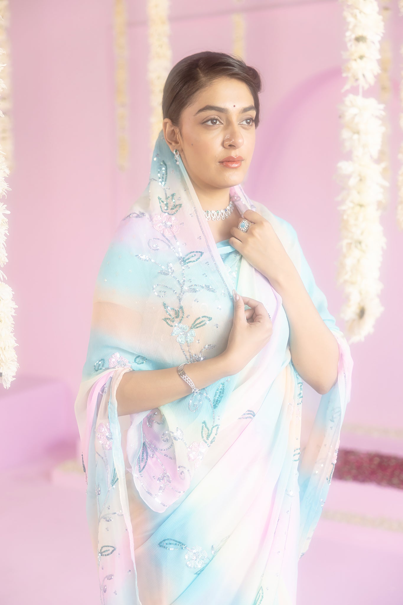 Pure Chiffon Samundar Leheriya Colour Sequins Work Saree