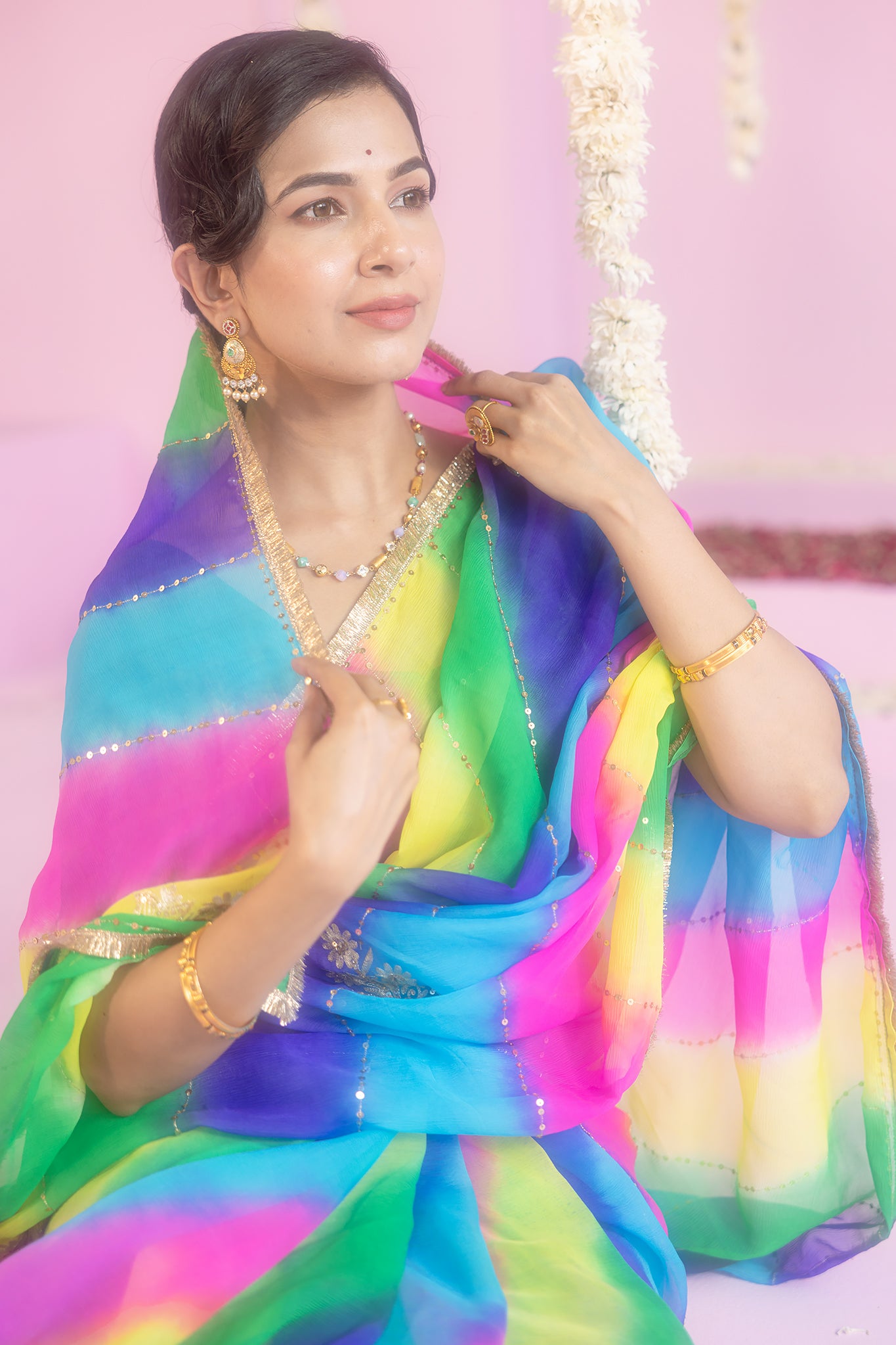 Pure Chiffon Multi colour Leheriya Aari Sequins Work Saree