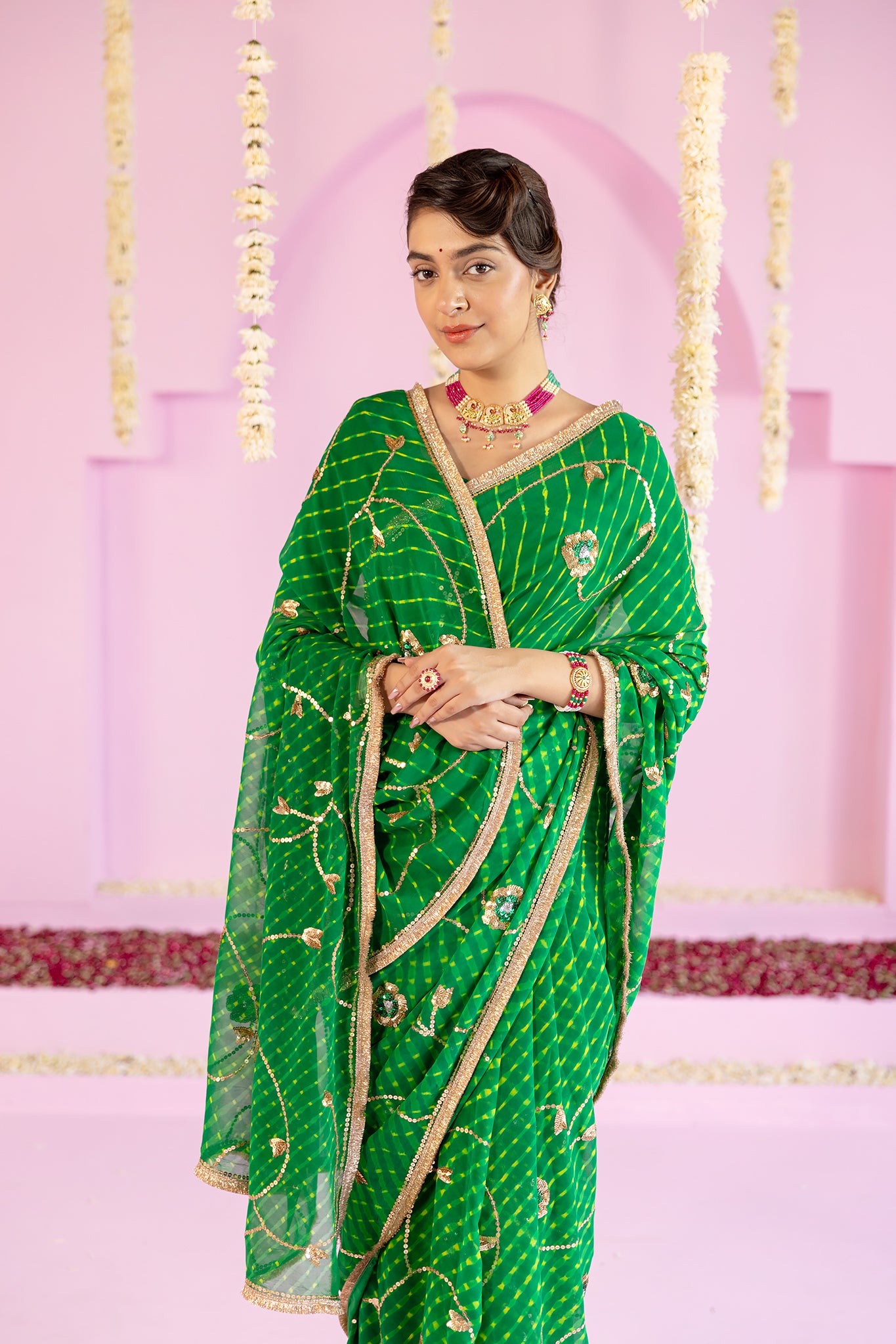 Pure Georgette 40 Gsm Green Leheriya Mothada Sequins Jaal Work Saree
