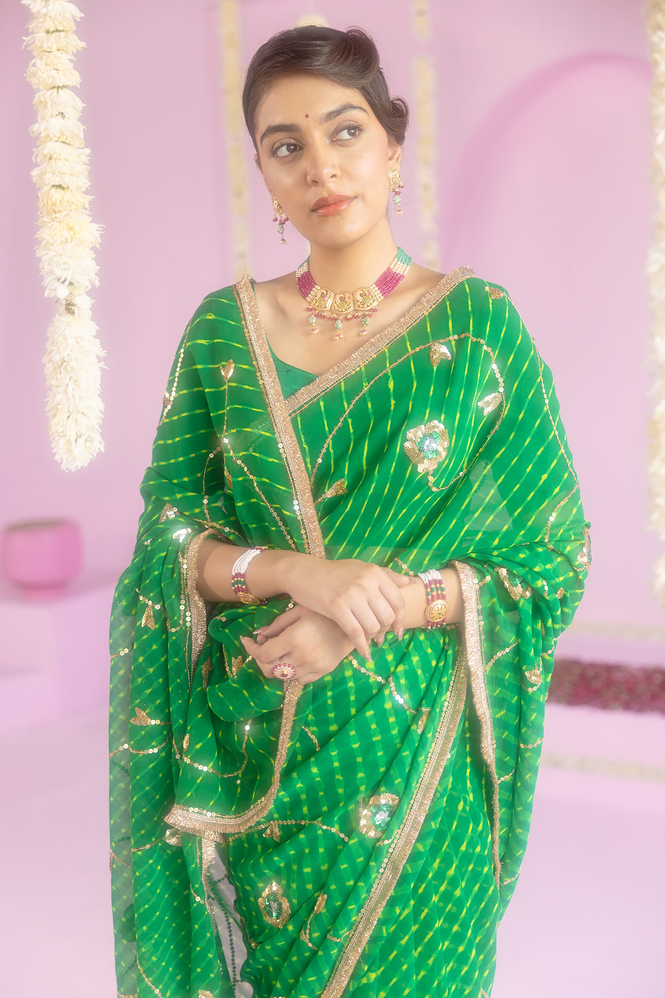 Pure Georgette 40 Gsm Green Leheriya Mothada Sequins Jaal Work Saree