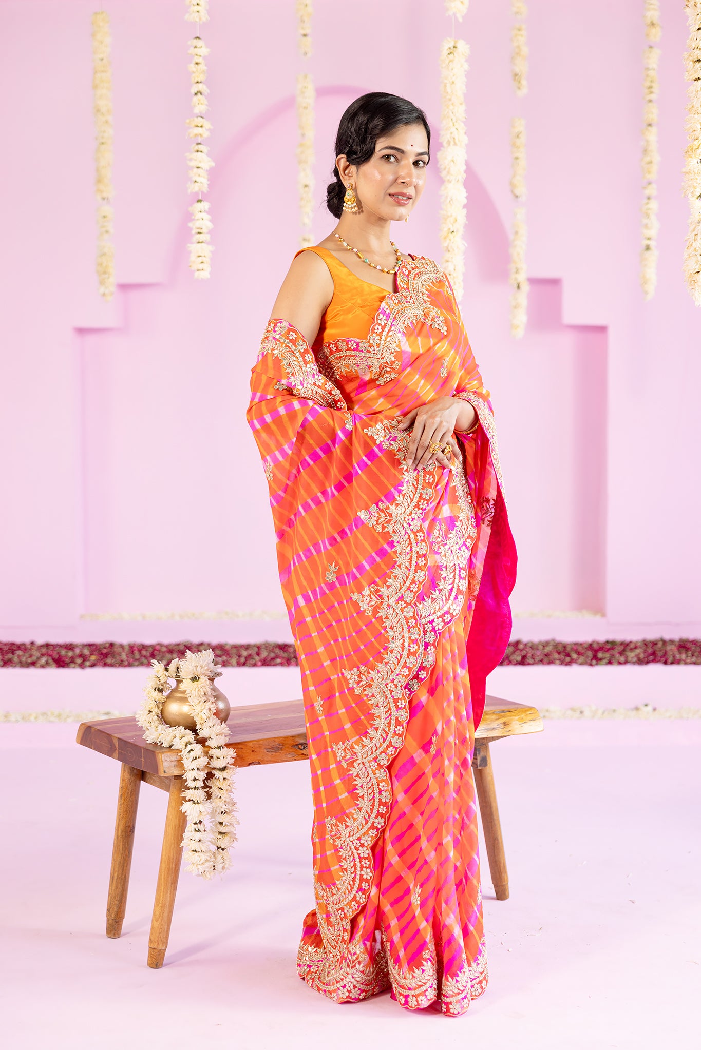 Pure Chinnon Yellow Orange Leheriya Gota Patti Border Butti Work Saree