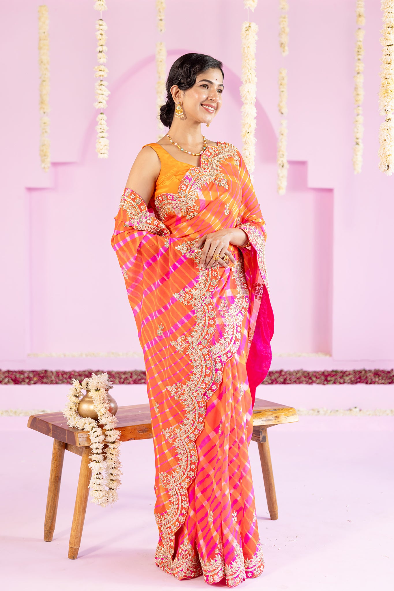Pure Chinnon Yellow Orange Leheriya Gota Patti Border Butti Work Saree