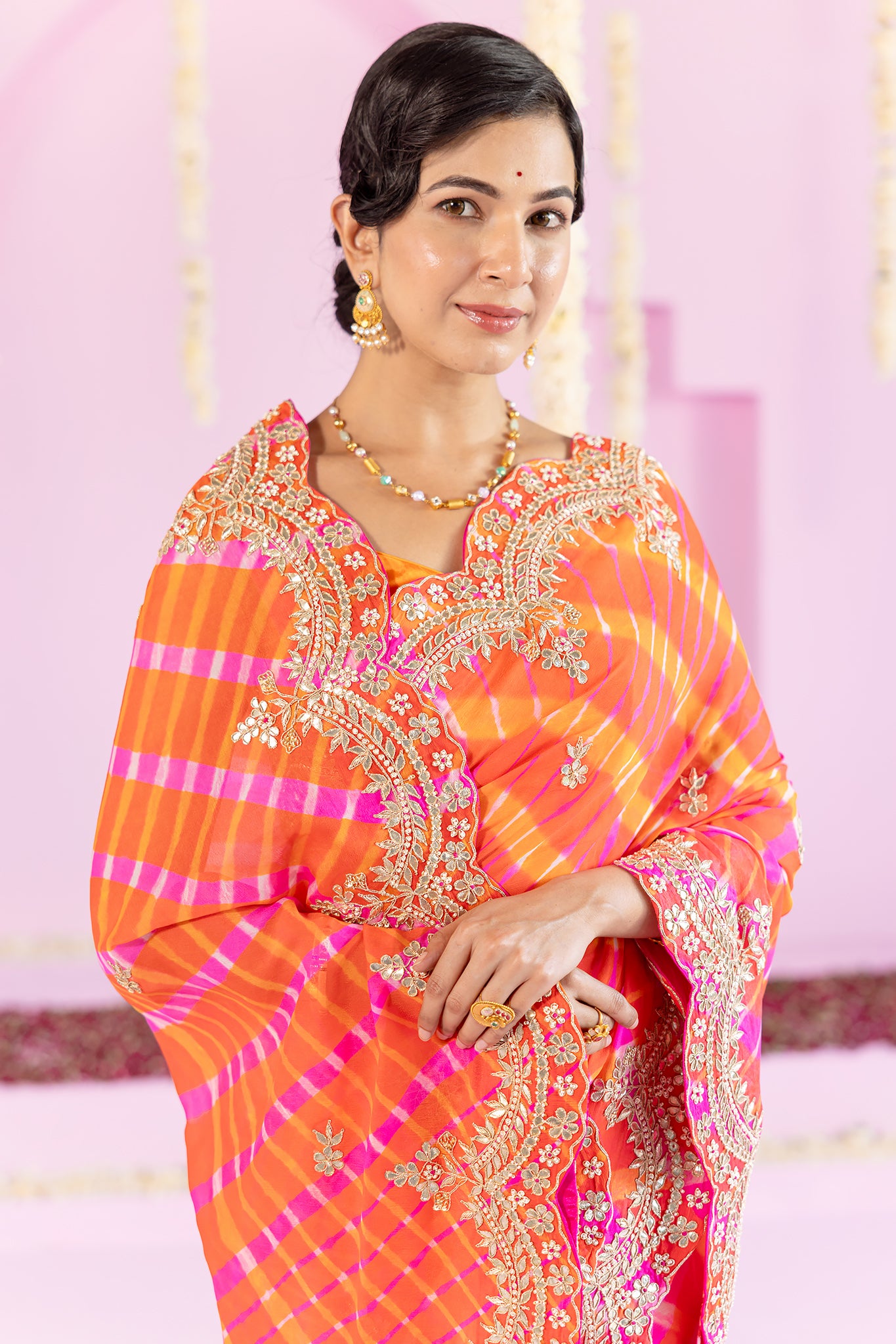 Pure Chinnon Yellow Orange Leheriya Gota Patti Border Butti Work Saree