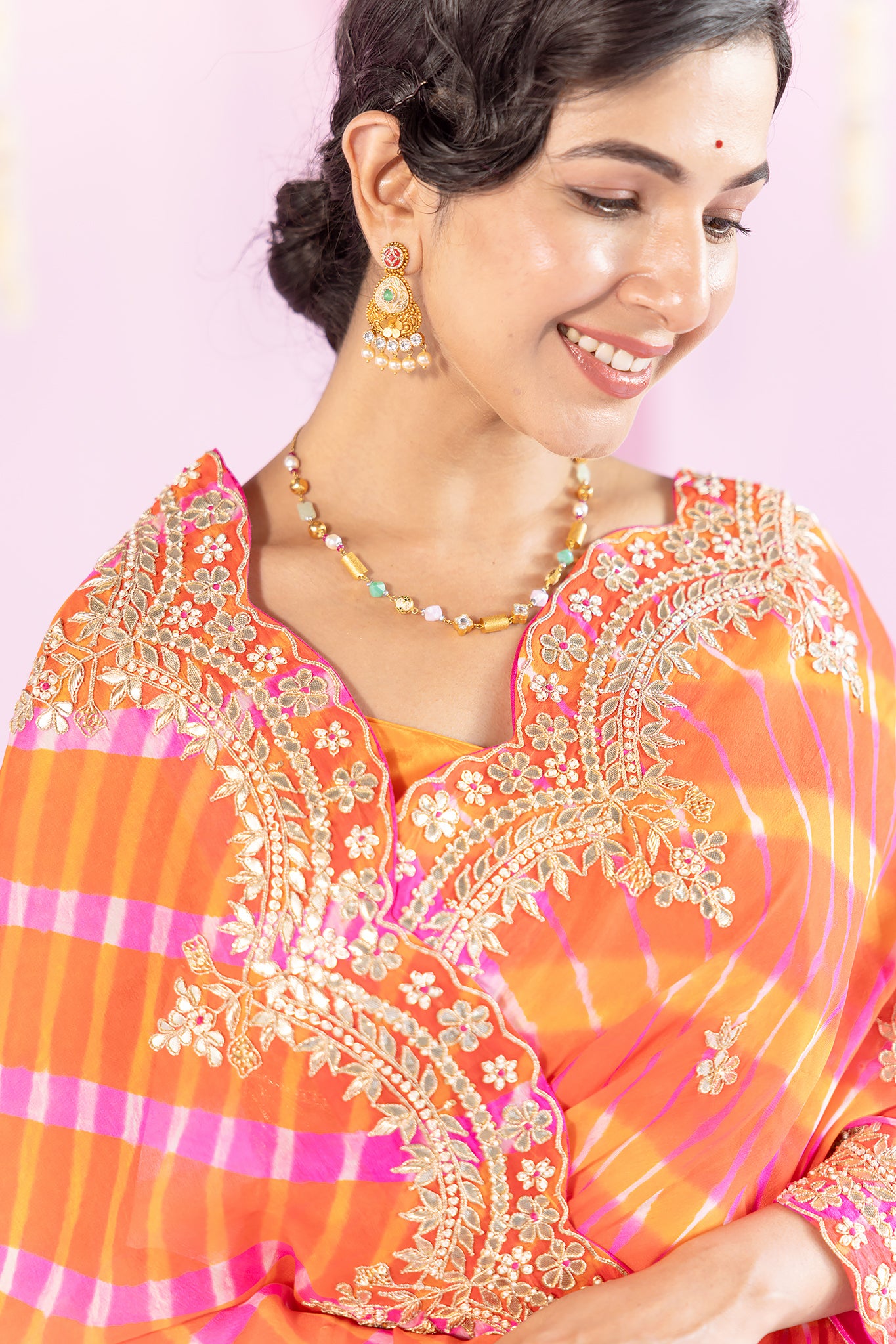 Pure Chinnon Yellow Orange Leheriya Gota Patti Border Butti Work Saree