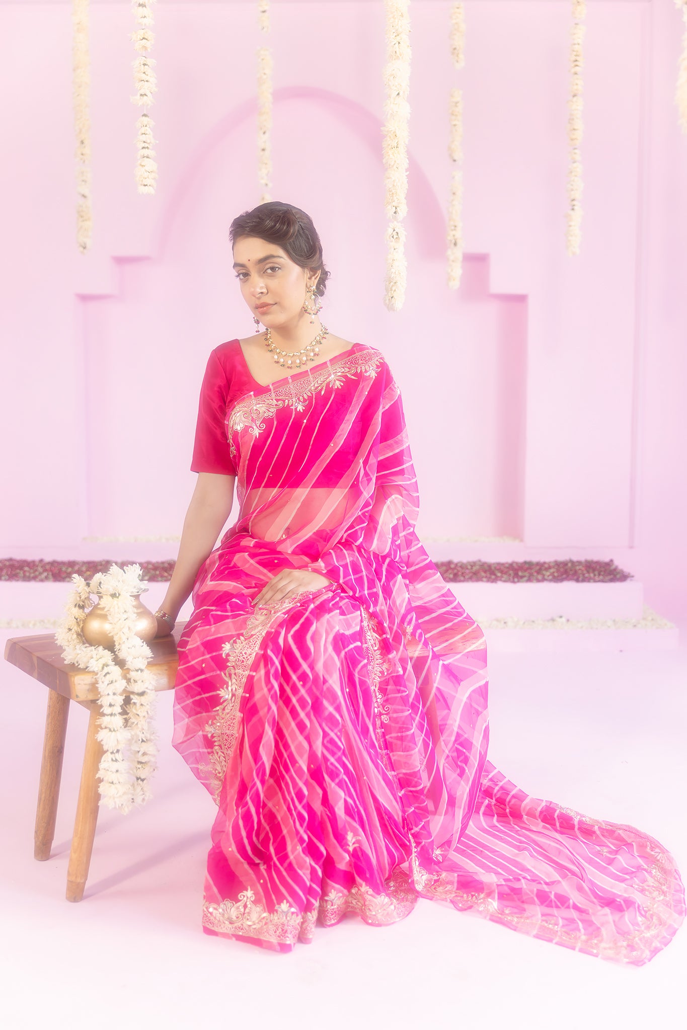 Pure Georgette 20 Gsm Rani Peach Leheriya Aari Sequins Border Butti Saree