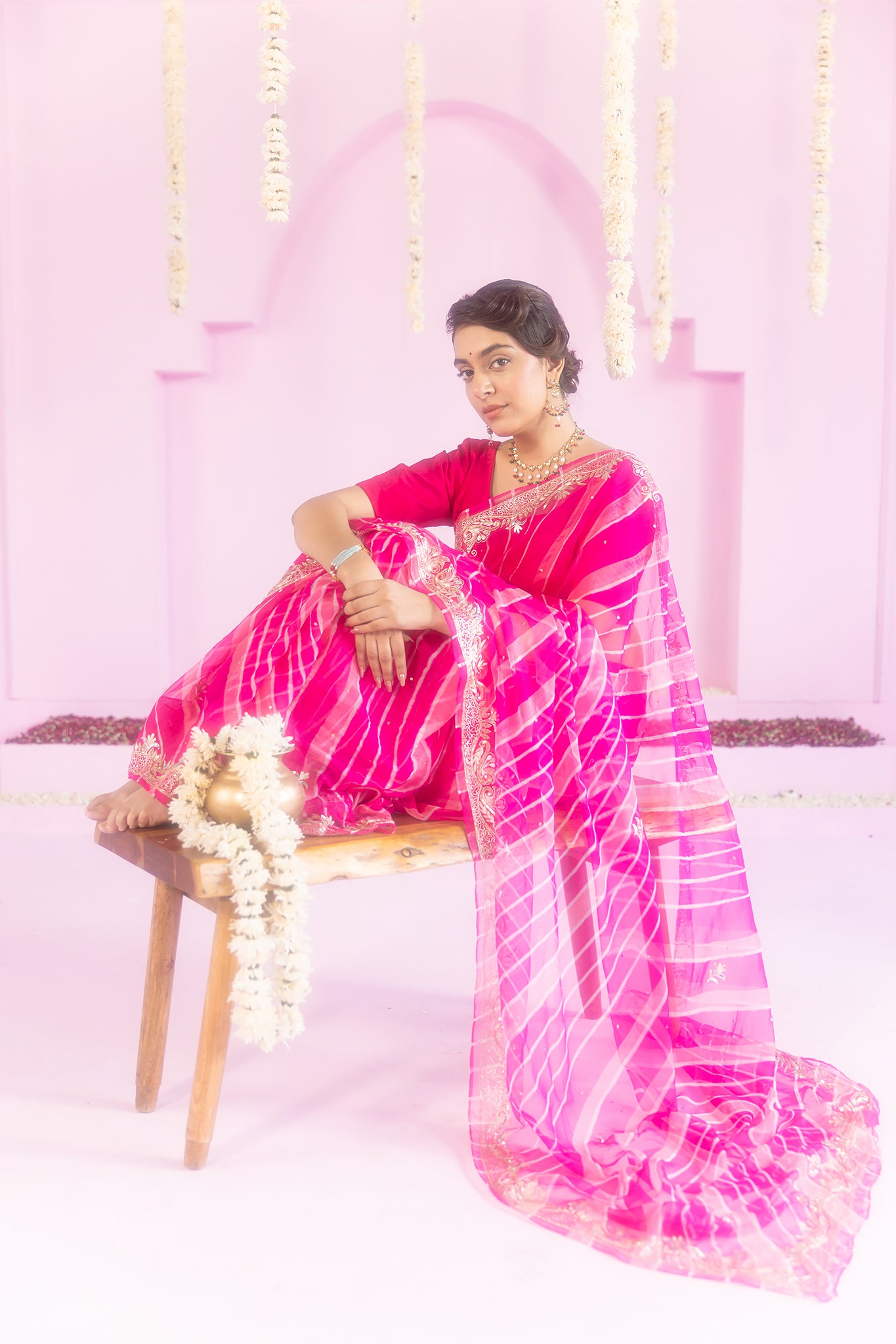 Pure Georgette 20 Gsm Rani Peach Leheriya Aari Sequins Border Butti Saree