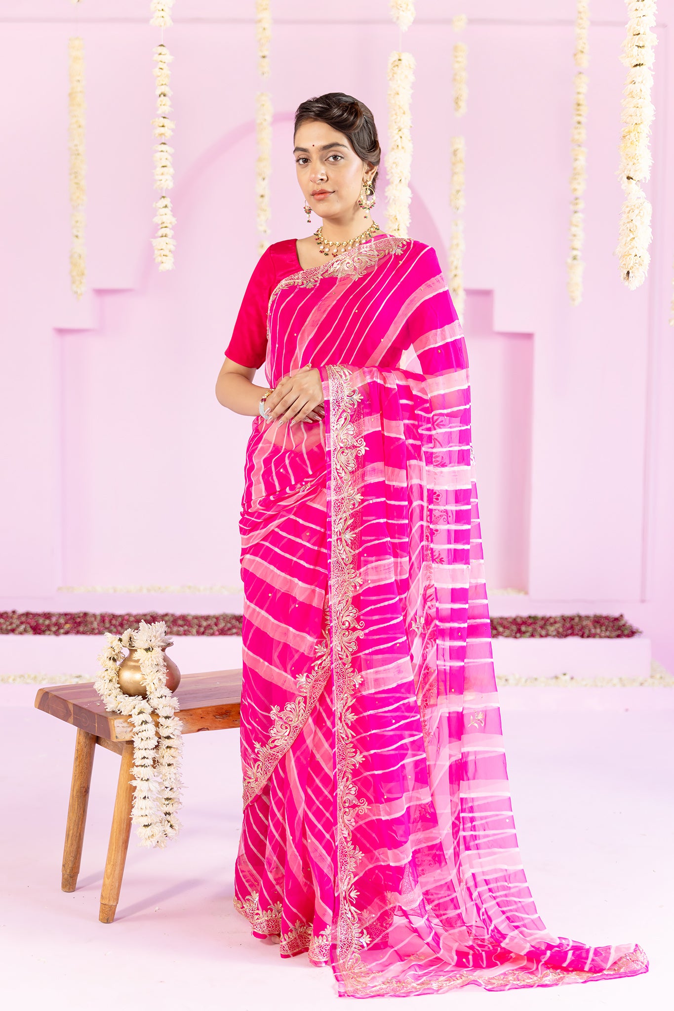 Pure Georgette 20 Gsm Rani Peach Leheriya Aari Sequins Border Butti Saree