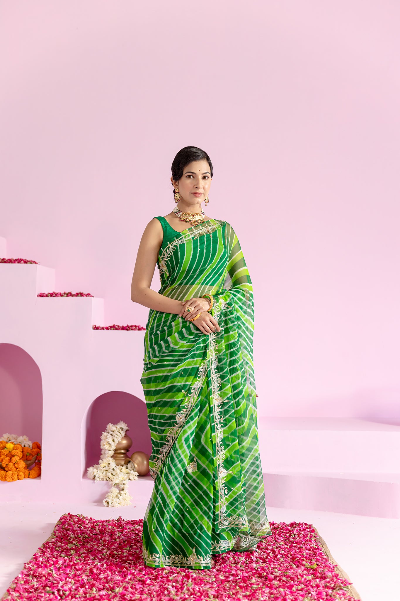 Pure Georgette 20 Gsm Green Leheriya Aari Sequins Border Butti Work Saree