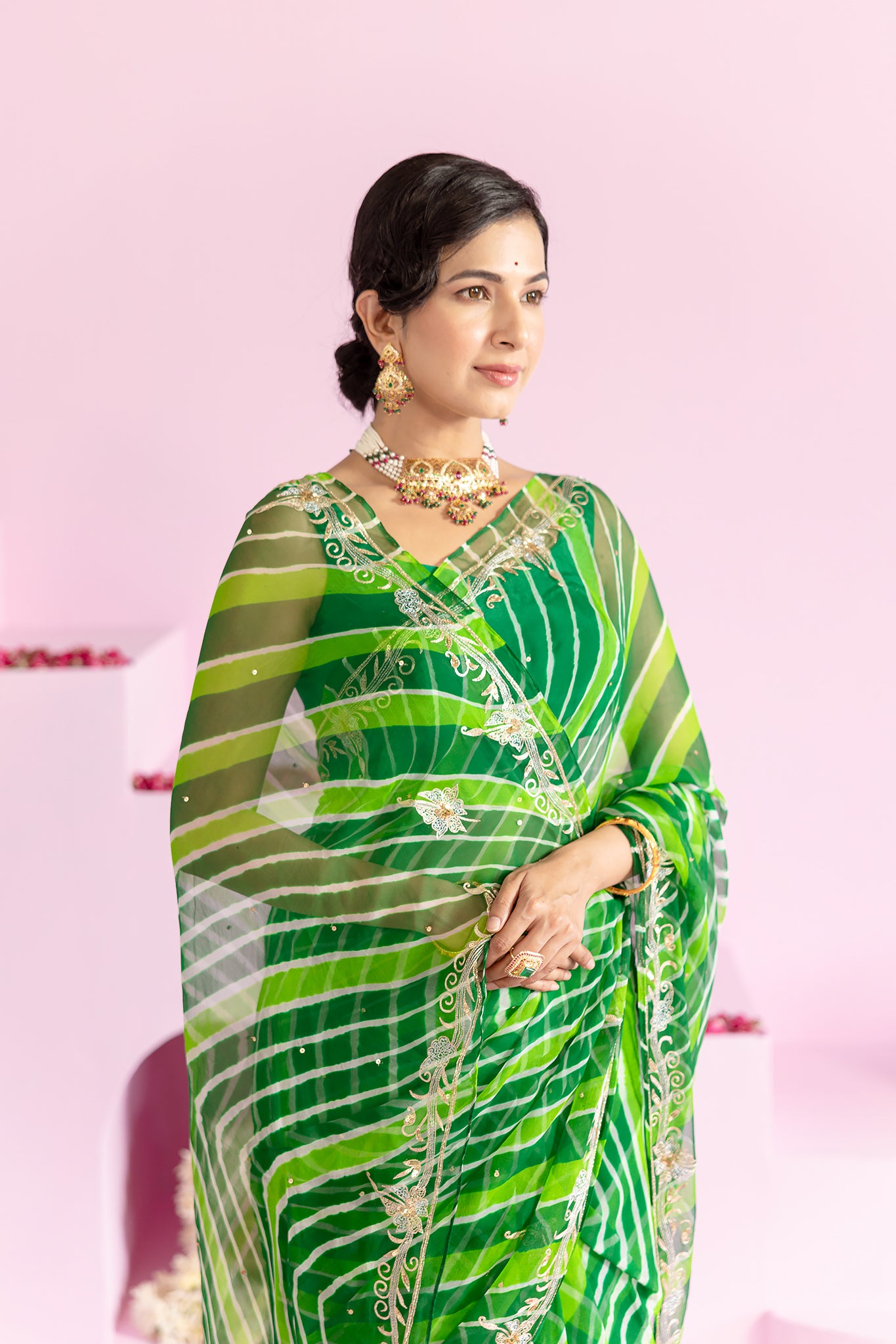 Pure Georgette 20 Gsm Green Leheriya Aari Sequins Border Butti Work Saree