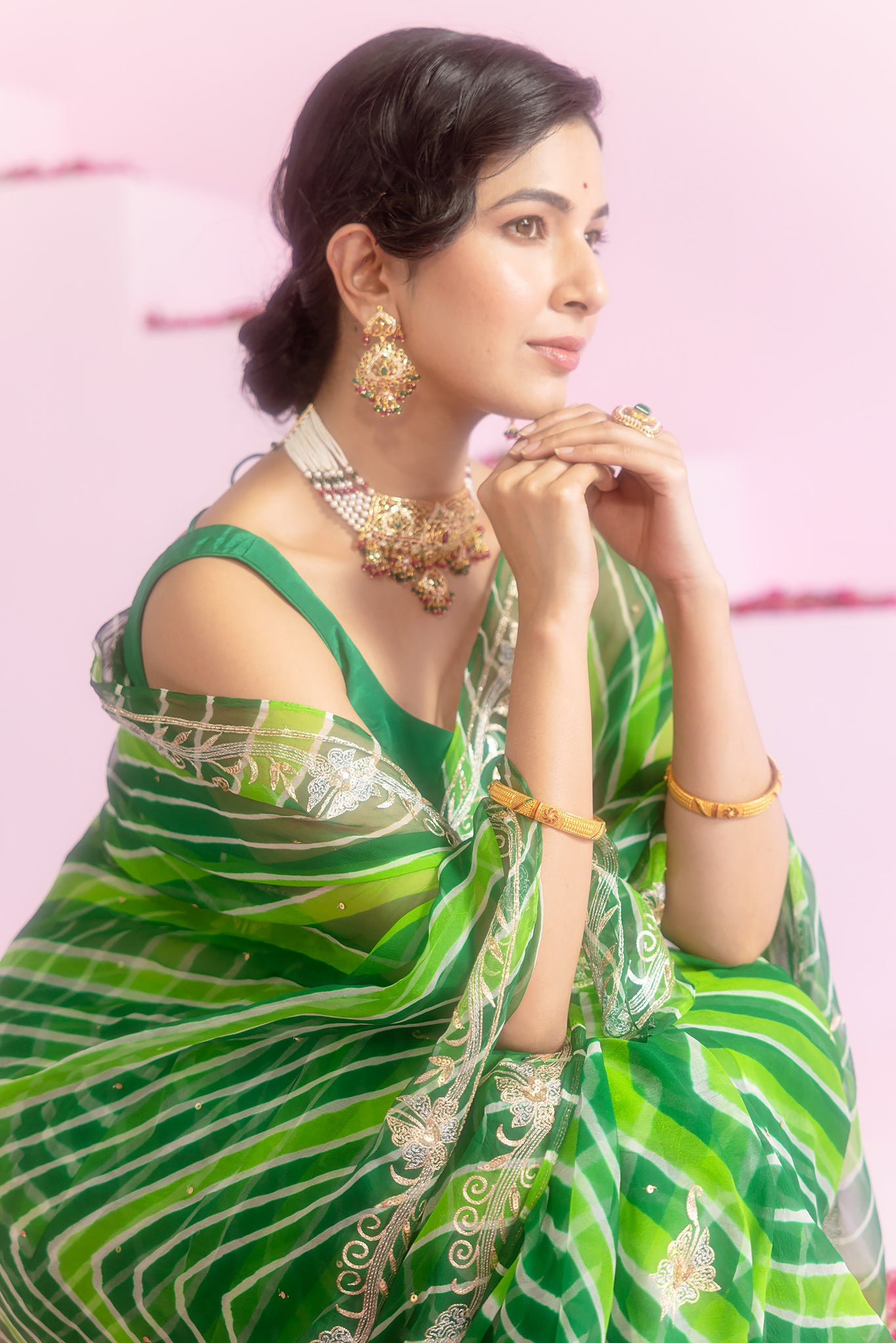 Pure Georgette 20 Gsm Green Leheriya Aari Sequins Border Butti Work Saree
