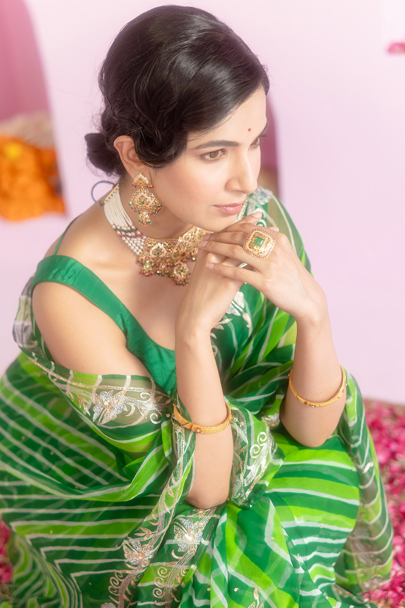 Pure Georgette 20 Gsm Green Leheriya Aari Sequins Border Butti Work Saree