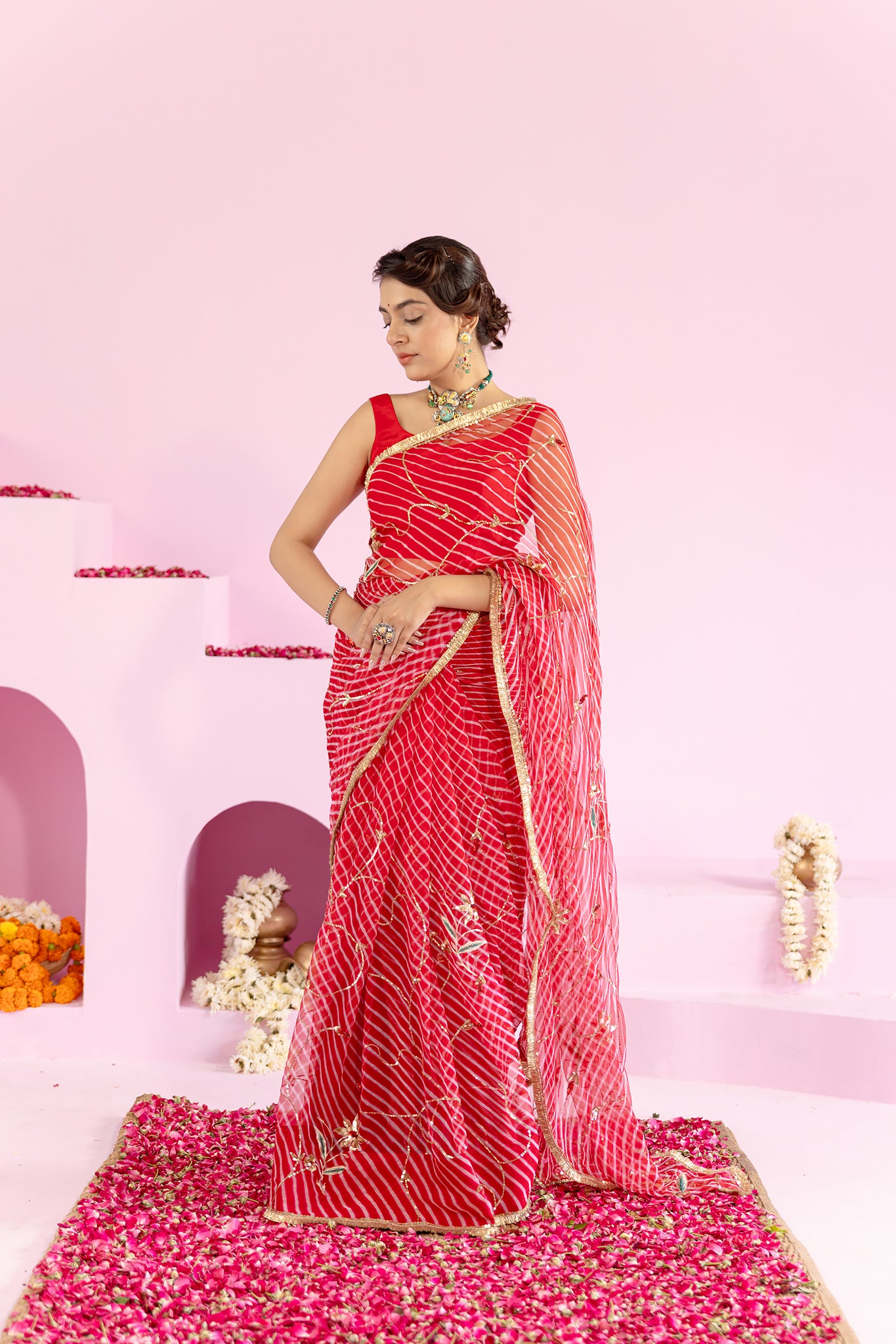 Pure Georgette 20 Gsm Red Leheriya Aari Sequins Jaal Work Saree