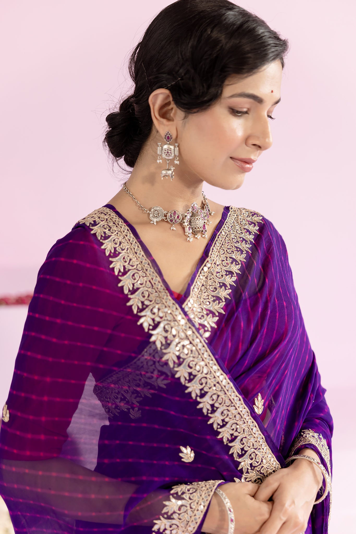 Pure Georgette 40 Gsm Blue Leheriya Mothda Gota Patti Work Saree