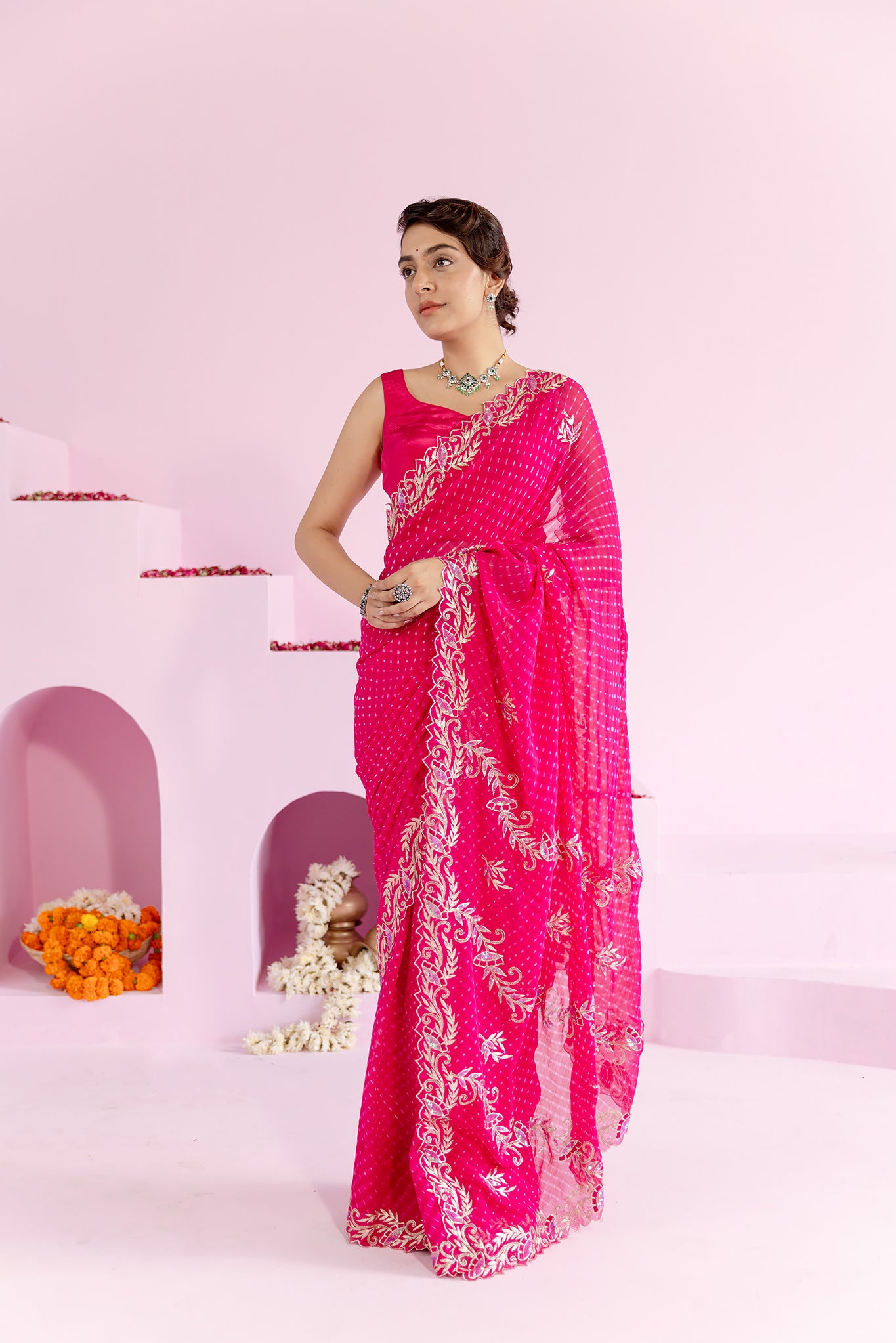 Pure Georgette 20 Gsm Mothda Leheriya Aari Sequins Border Butti Chaadi Work Saree