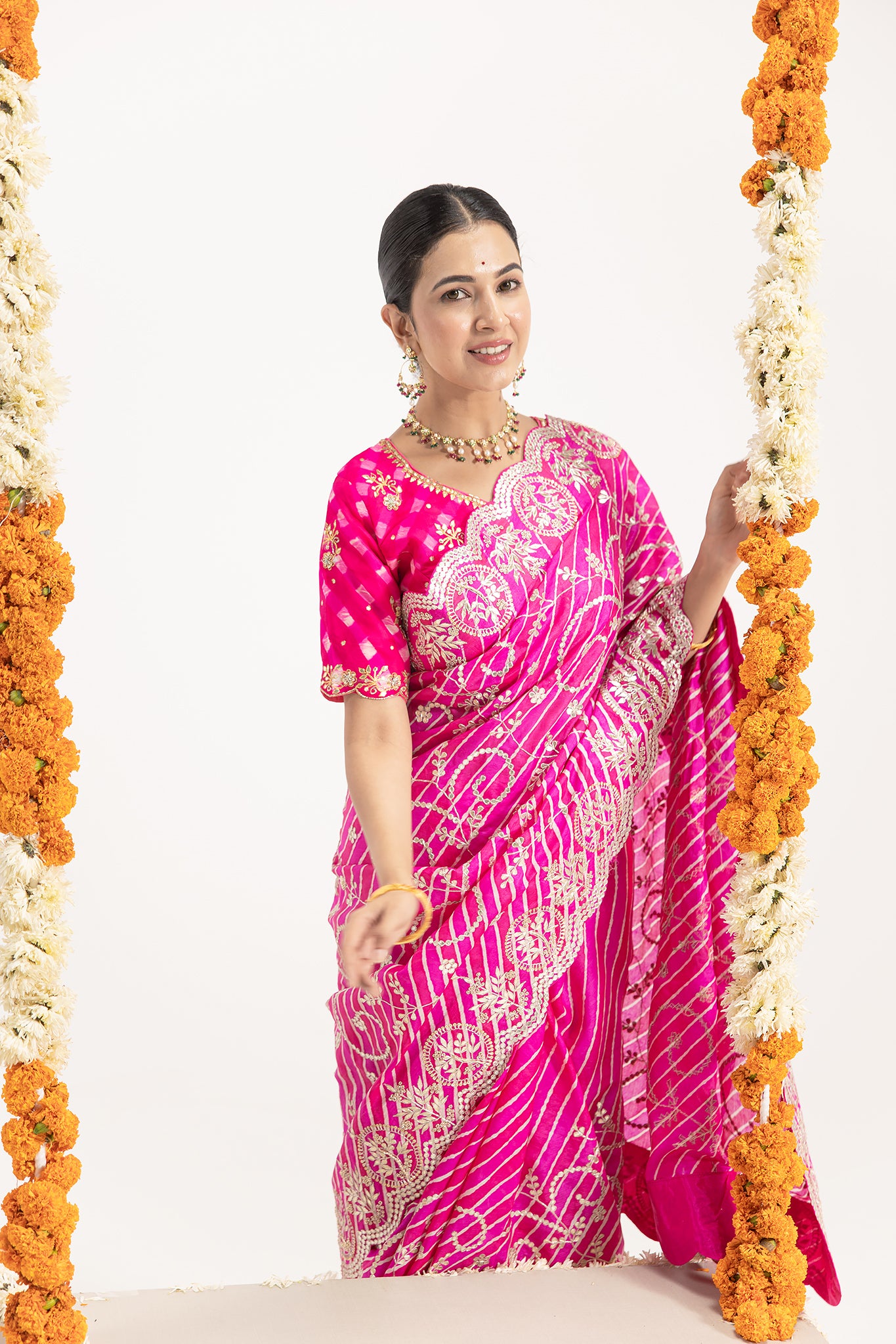 Pure Tussure Silk Rani Leheriya Gota Patti cutwork Border Jaal Work Saree