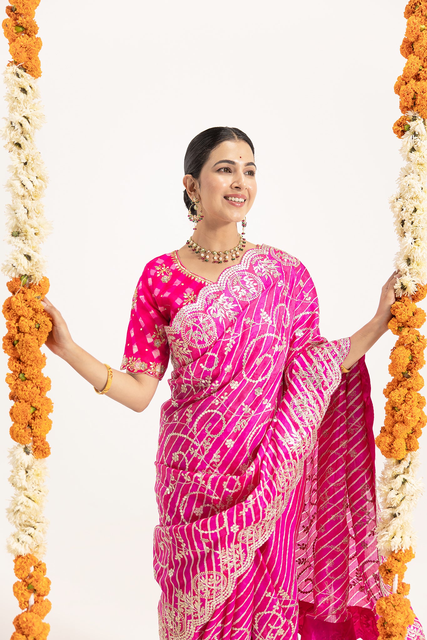 Pure Tussure Silk Rani Leheriya Gota Patti cutwork Border Jaal Work Saree