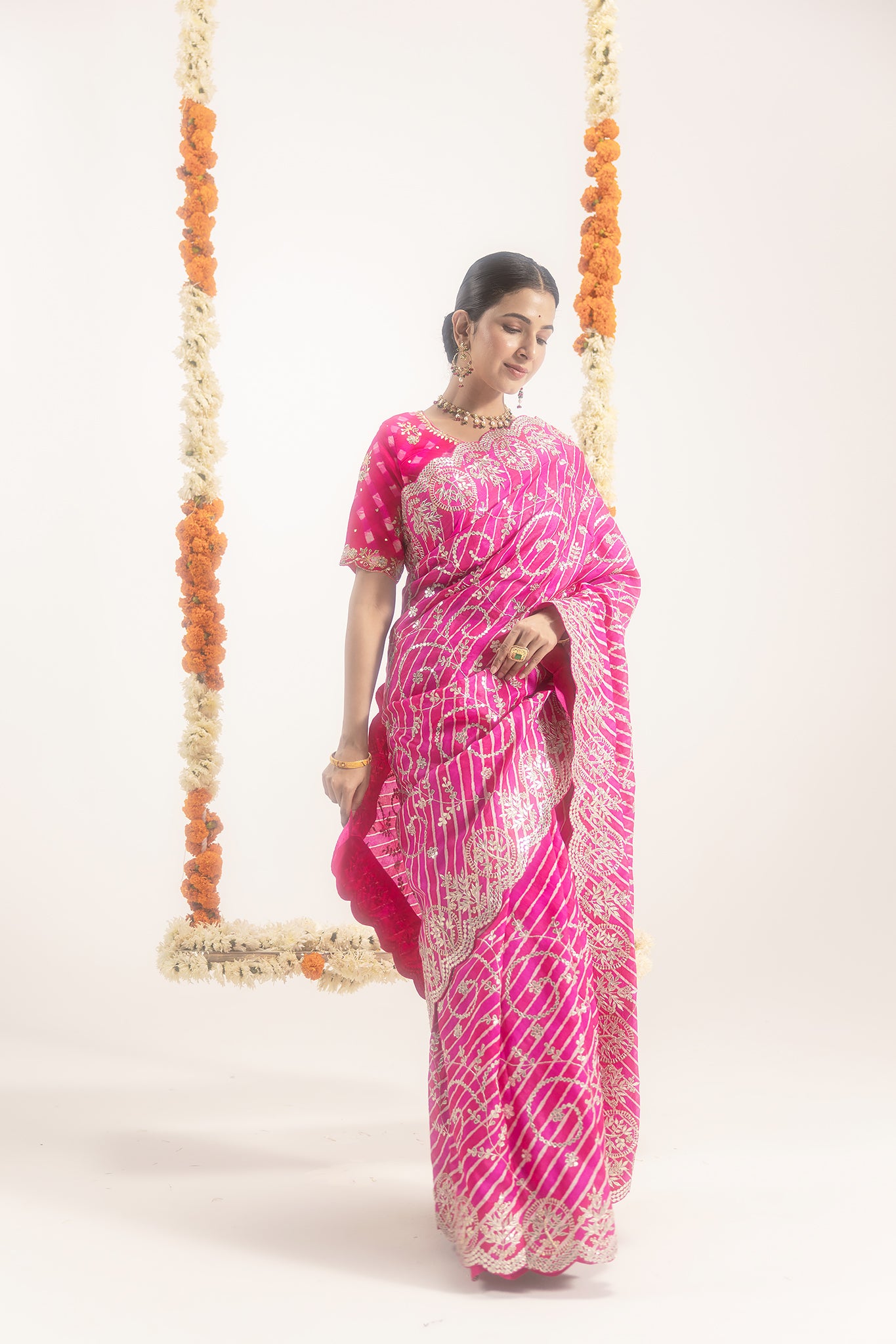 Pure Tussure Silk Rani Leheriya Gota Patti cutwork Border Jaal Work Saree