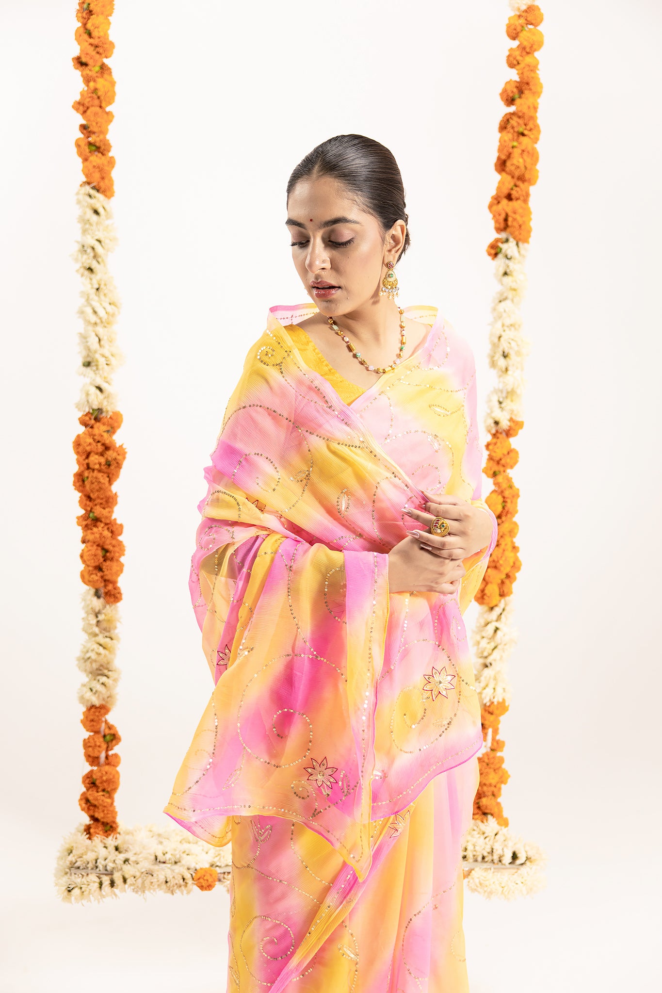 Pure Chiffon Yellow Pink Leheriya Aari Sequins Jaal Work Saree