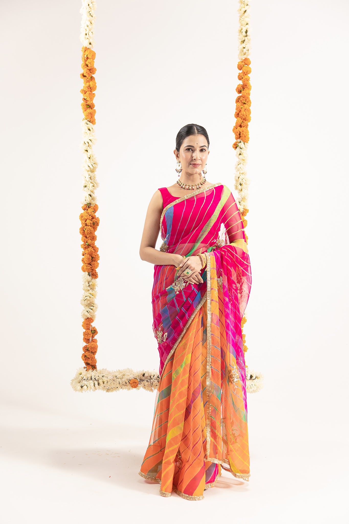 Pure Georgette 20 Gsm Multi Leheriya Aari Sequins Motifs Work Saree