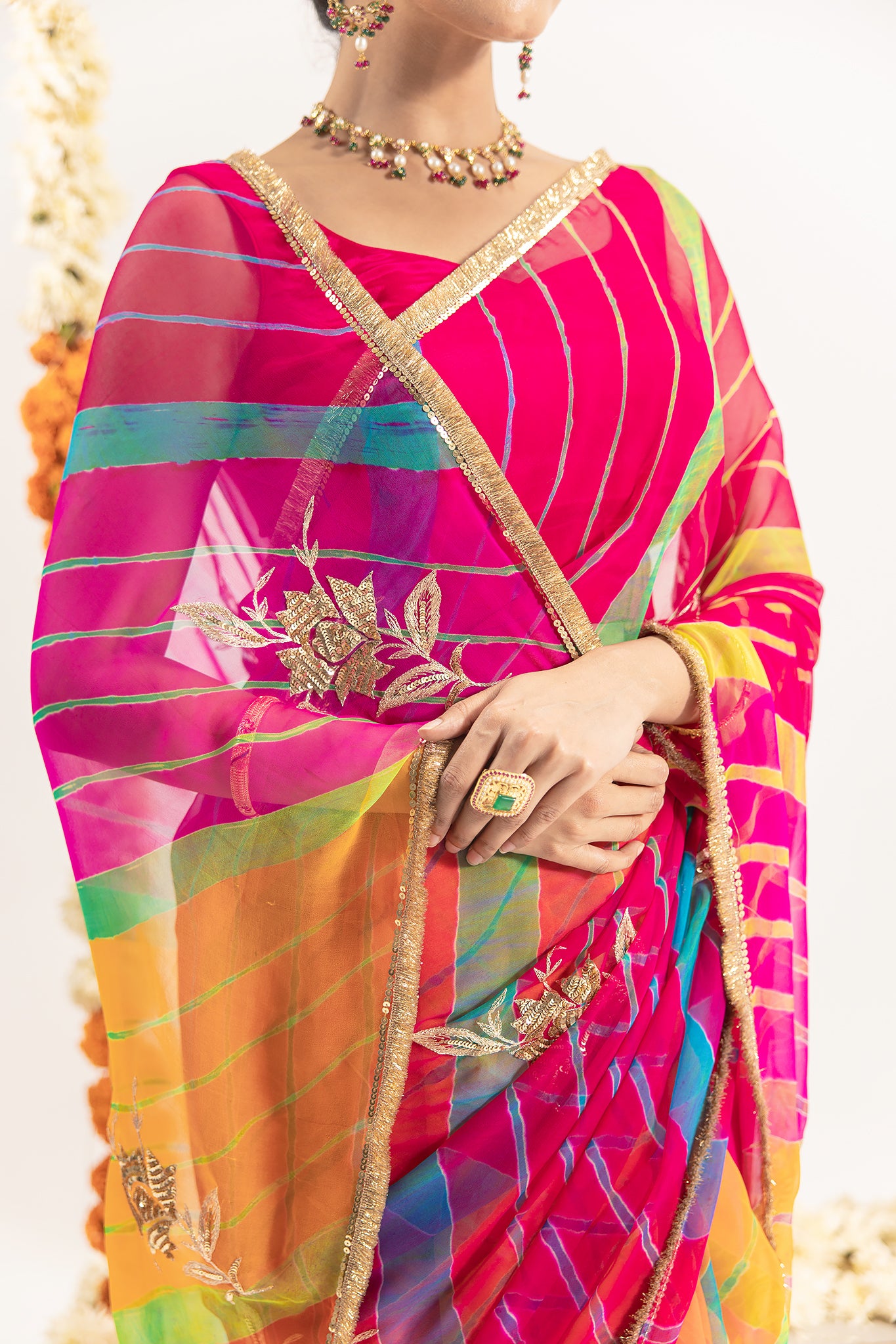 Pure Georgette 20 Gsm Multi Leheriya Aari Sequins Motifs Work Saree