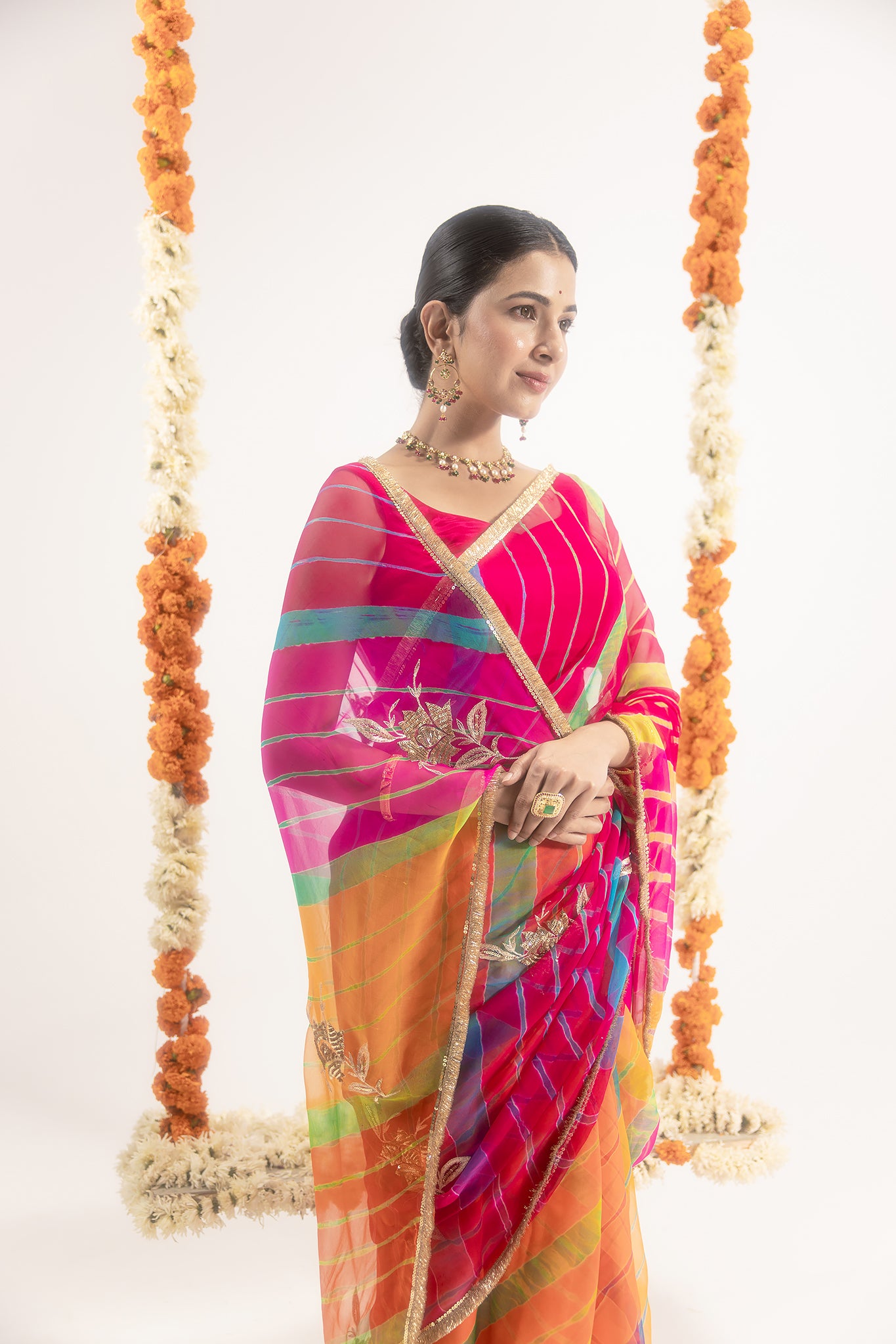 Pure Georgette 20 Gsm Multi Leheriya Aari Sequins Motifs Work Saree