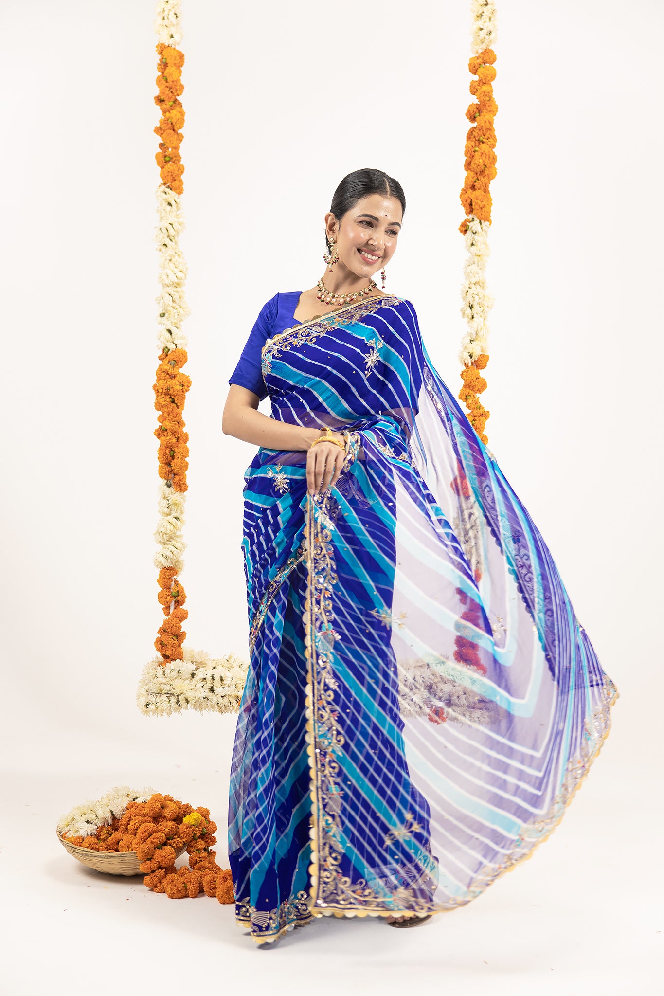 Pure Georgette 20 Gsm Blue Leheriya Aari Sequins Border Butti Work Saree