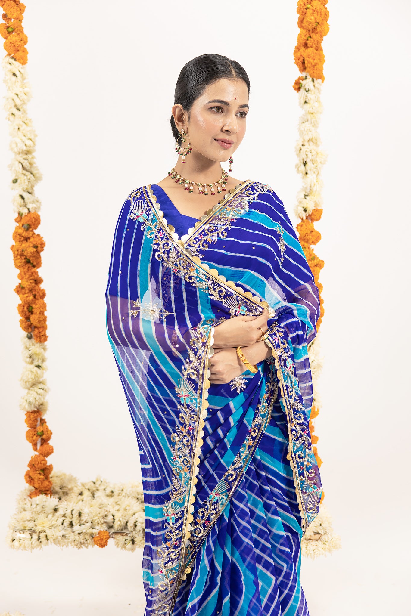 Pure Georgette 20 Gsm Blue Leheriya Aari Sequins Border Butti Work Saree