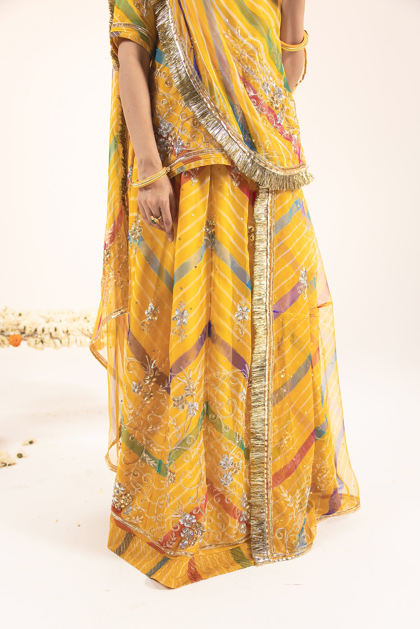 Pure Georgette 20 Gsm Yellow Leheriya Aari Sequins Zardozi Jaal Work Poshak