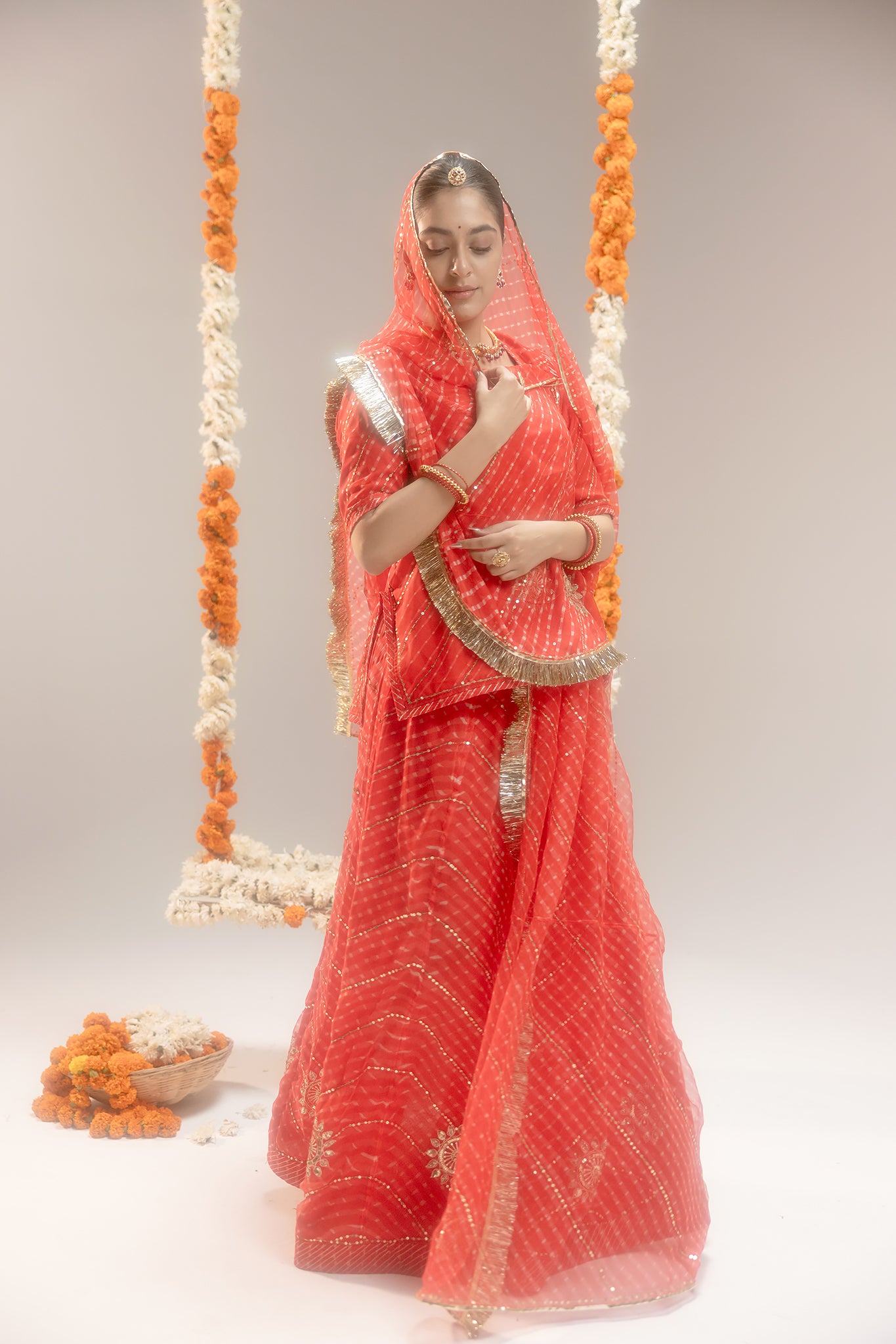 Georgette Orange 20 Gsm Leheriya Mothda Aari Sequins Jaal Work Poshak