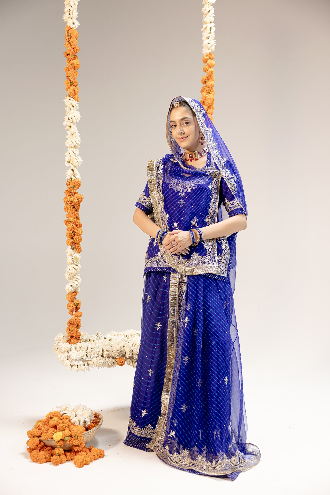 Pure Georgette 20 Gsm Blue Leheriya Mothda Aari Sequins Border Butti Work Poshak